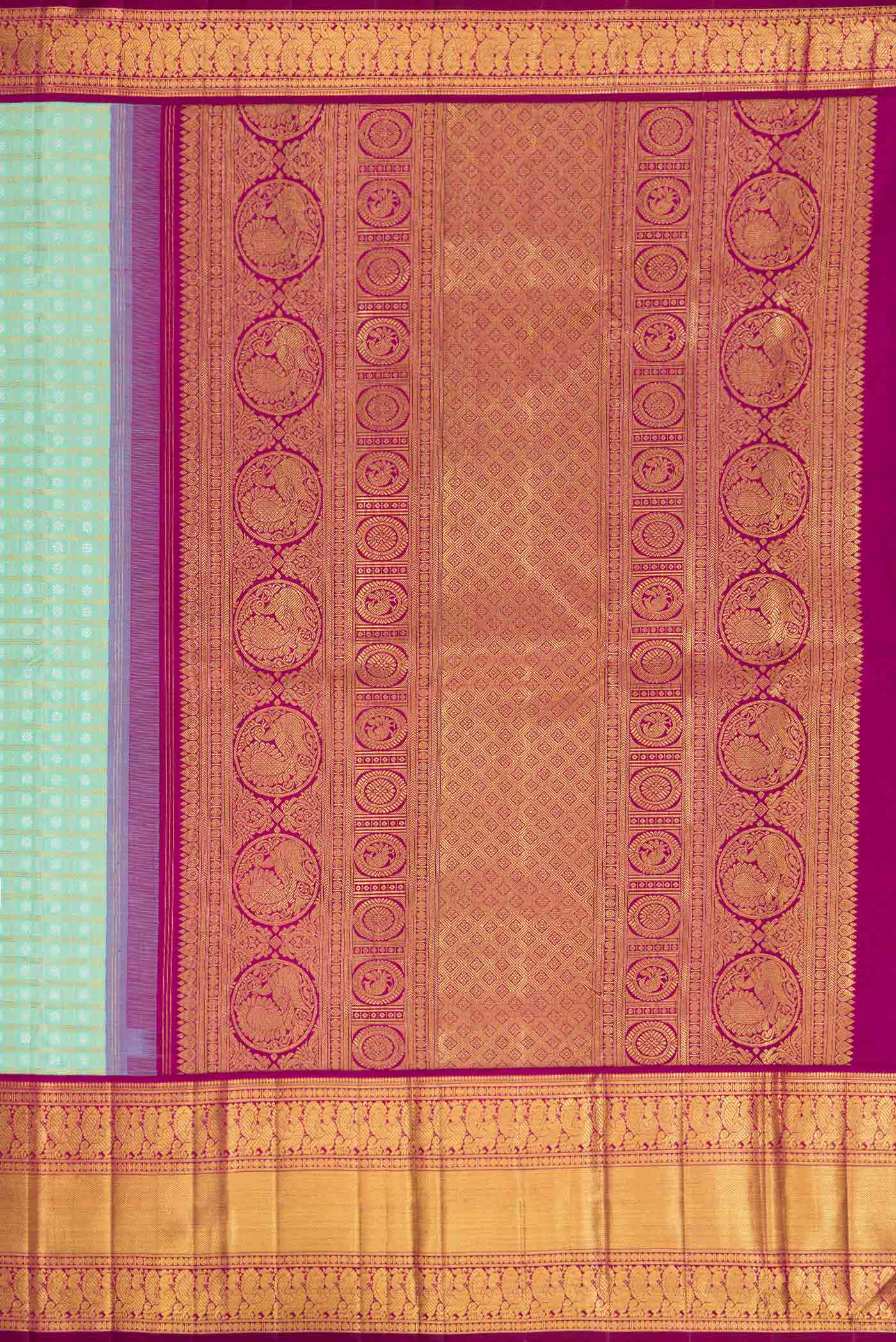 Close up image of the pallu of Pure Silk Pure Zari Sea Green Dual Tone Kanchipuram Saree with Zari Brocade on the body and Zari Border