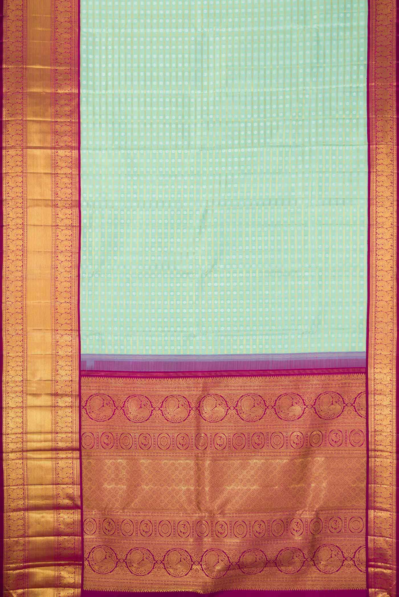 Flat view of Pure Silk Pure Zari Sea Green Dual Tone Kanchipuram Saree with Zari Brocade on the body and Zari Border