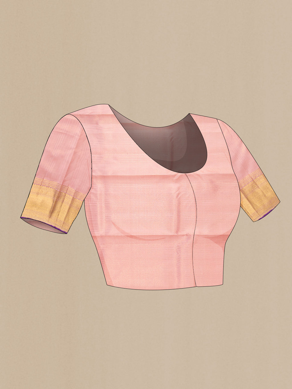 Close up image of the blouse of Pure Silk Pure Zari Rose Gold Kanchipuram Saree with Zari Brocade on the body and Zari Border