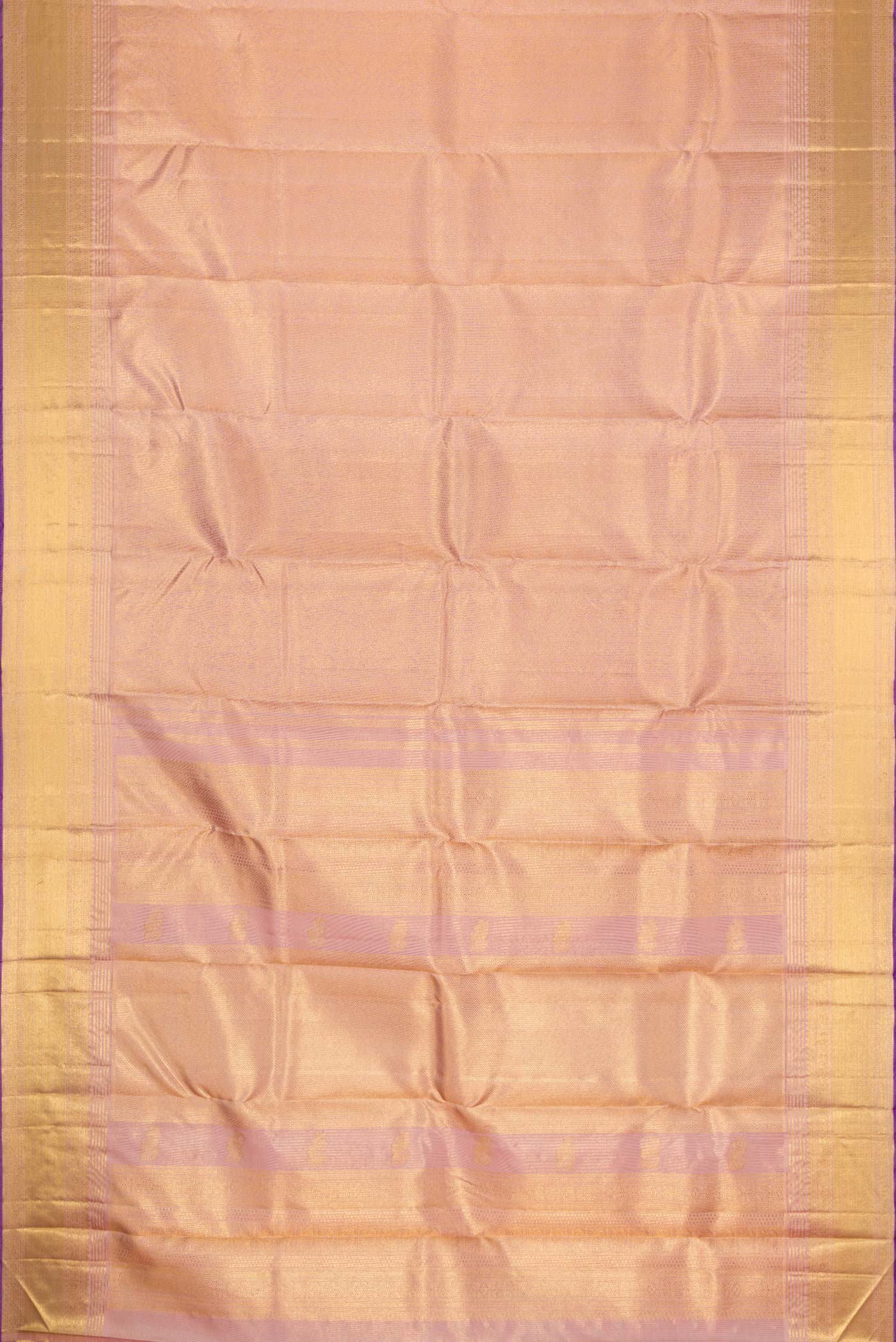 Flat view of Pure Silk Pure Zari Rose Gold Kanchipuram Saree with Zari Brocade on the body and Zari Border