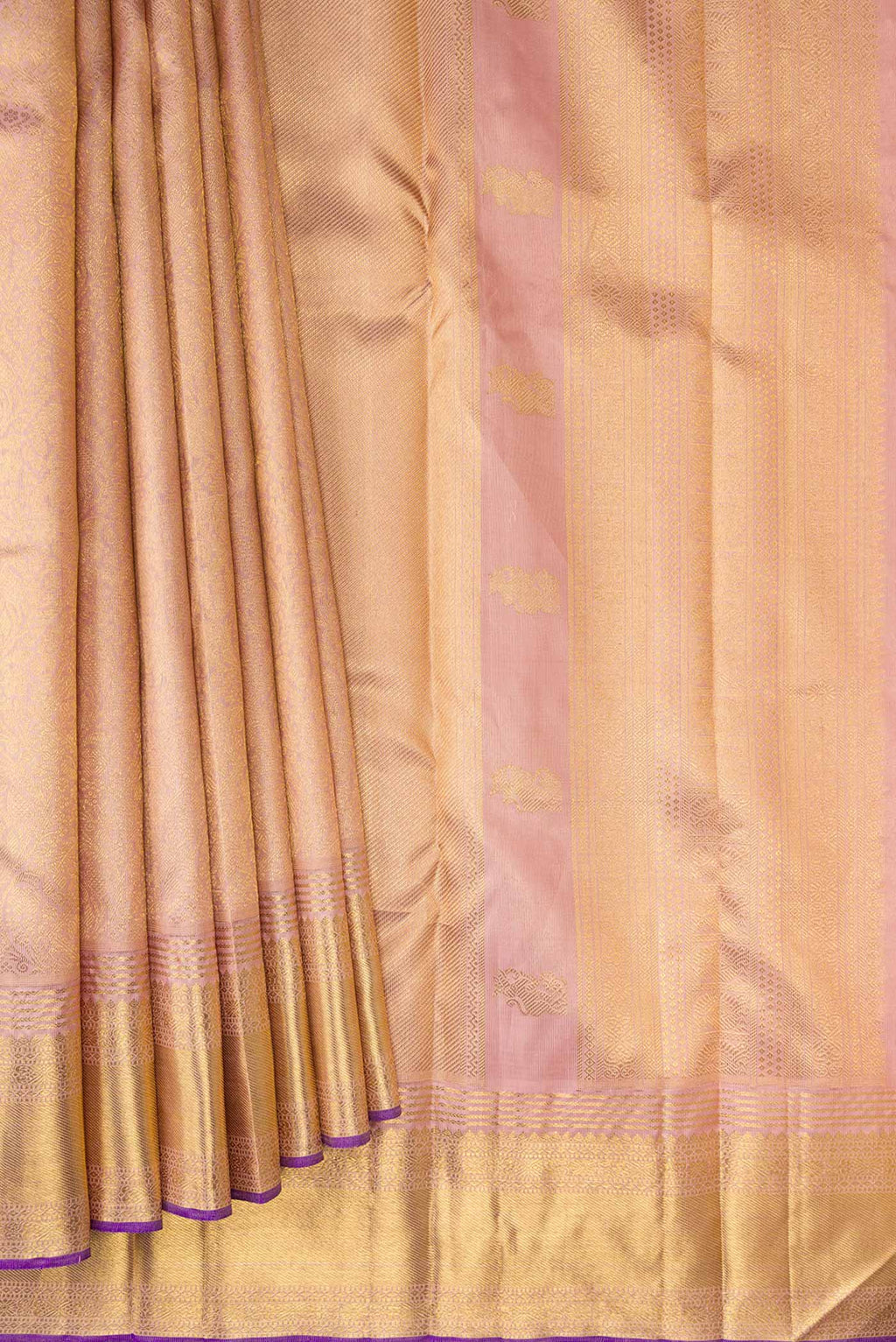 Pleats and pallu of Pure Silk Pure Zari Rose Gold Kanchipuram Saree with Zari Brocade on the body and Zari Border