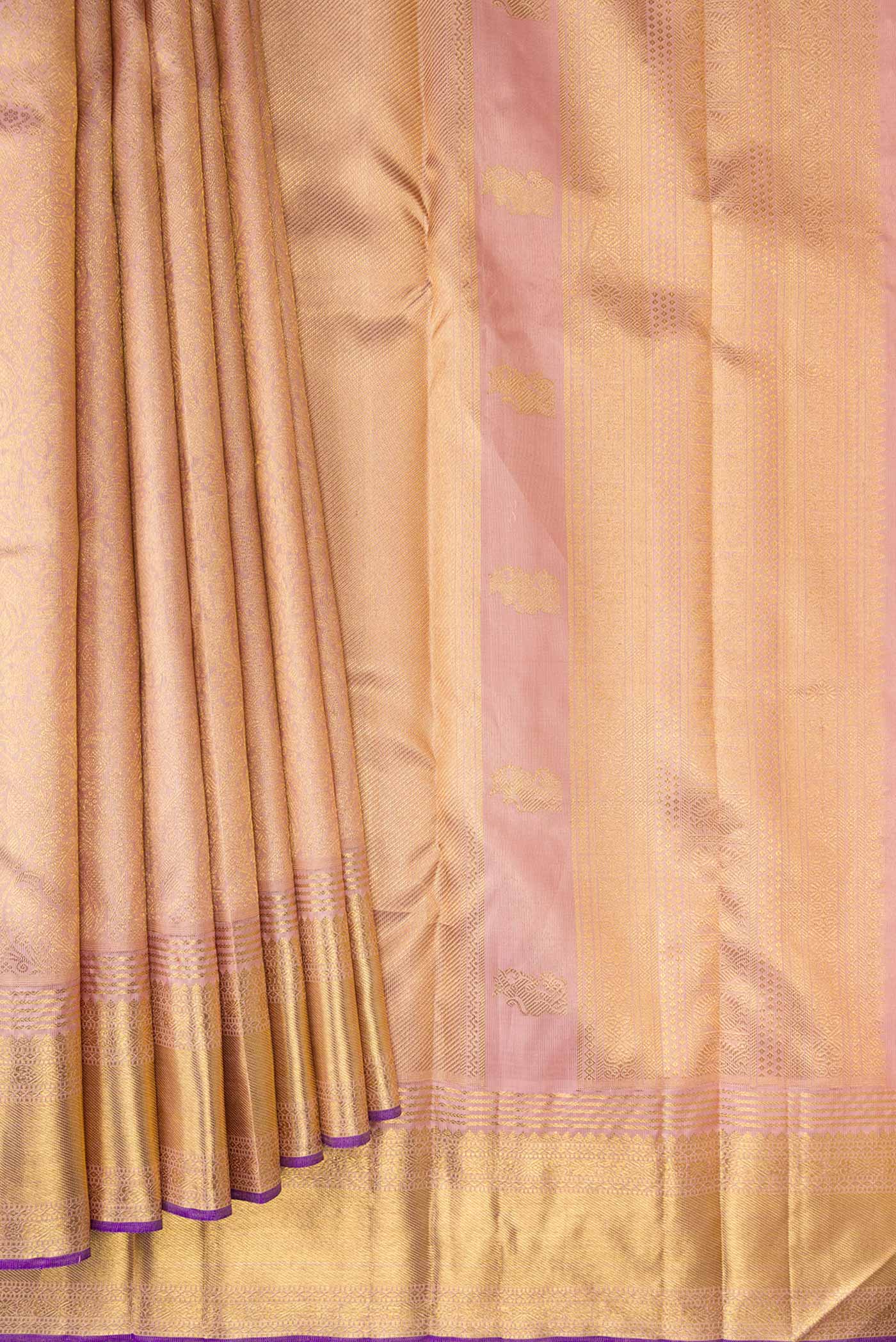 Pleats and pallu of Pure Silk Pure Zari Rose Gold Kanchipuram Saree with Zari Brocade on the body and Zari Border
