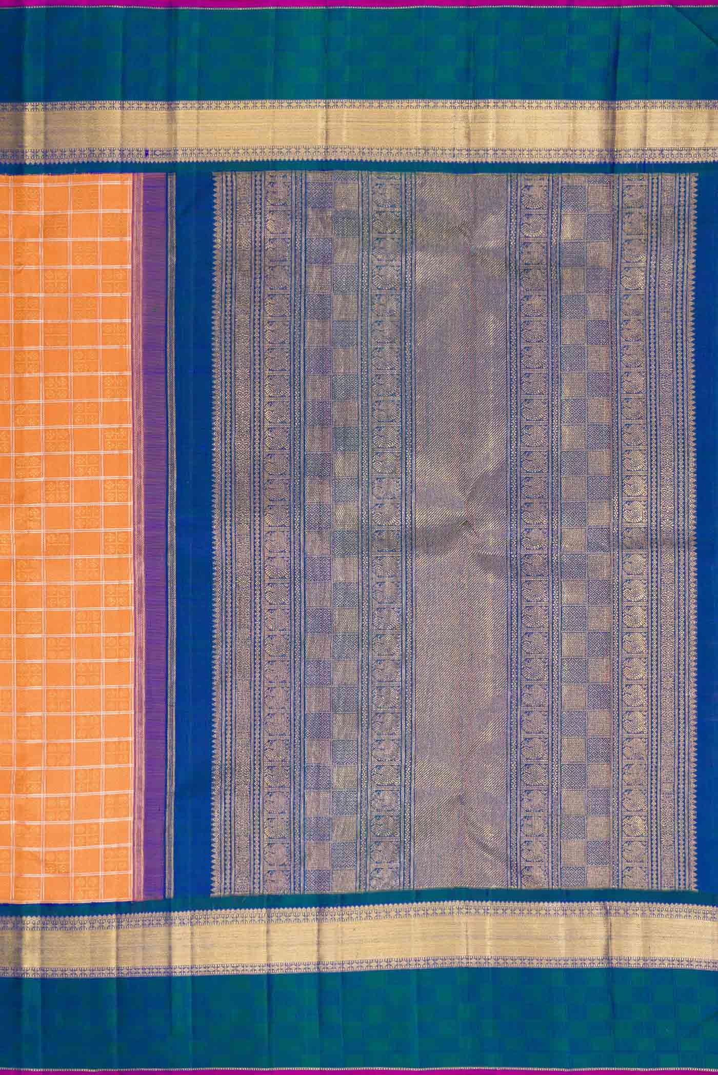 Close up image of the pallu of Pure Silk Pure Zari Orange Dual Tone Kanchipuram Saree with Zari Brocade on the body and Zari Border