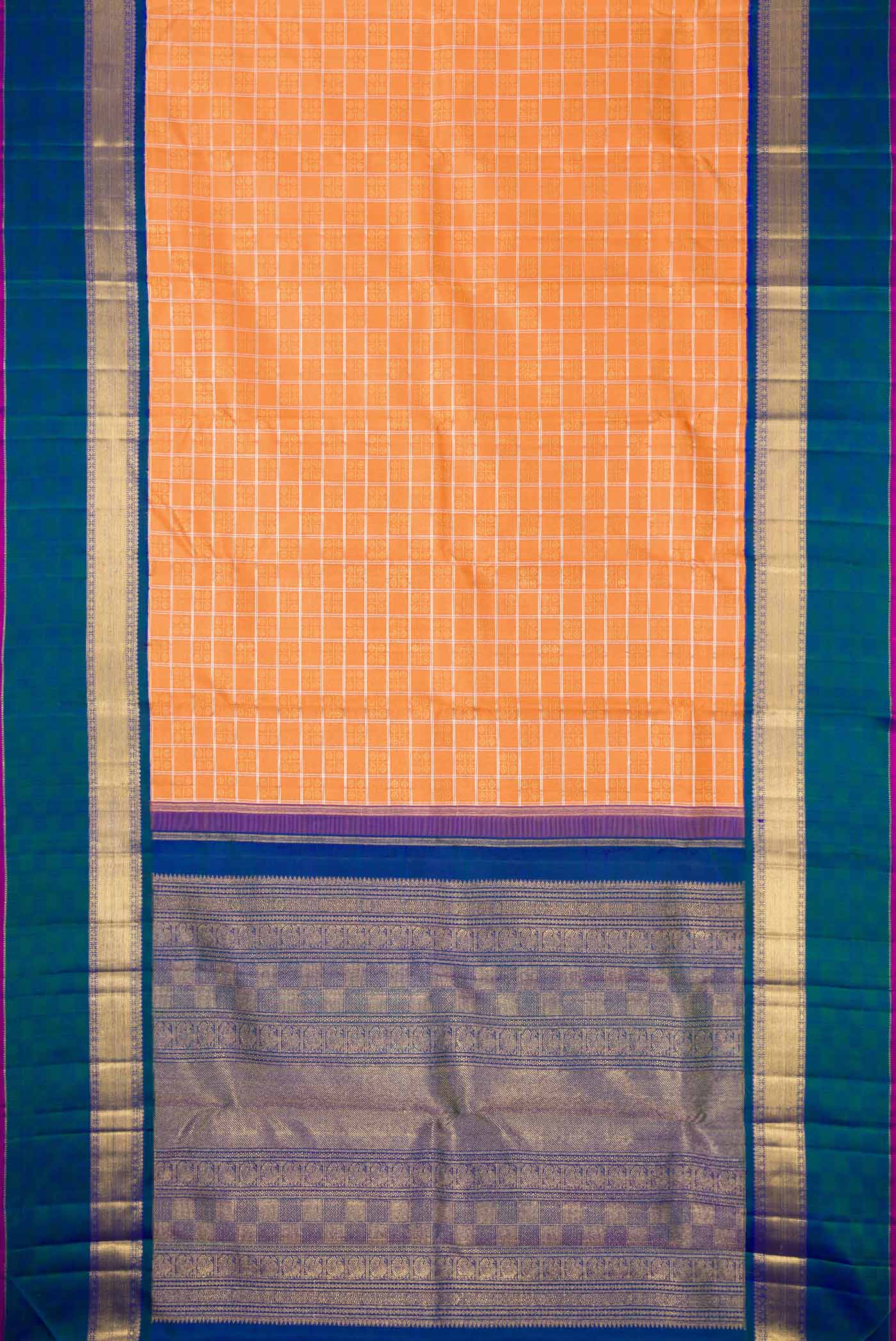 Flat view of Pure Silk Pure Zari Orange Dual Tone Kanchipuram Saree with Zari Brocade on the body and Zari Border