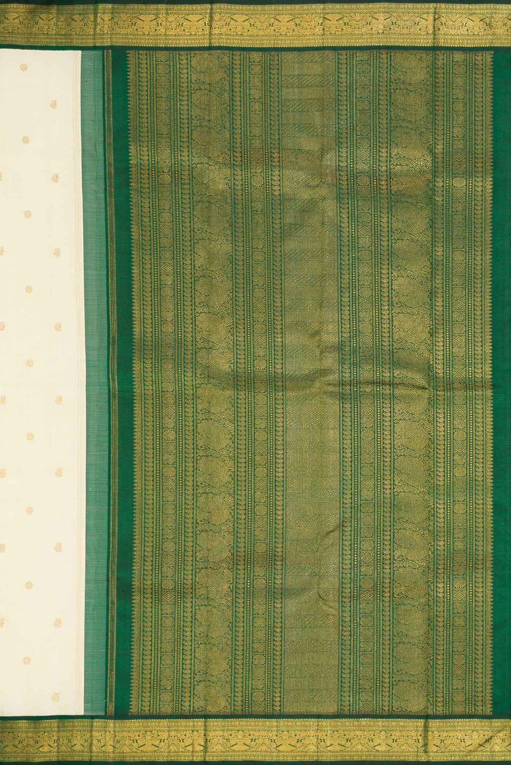 Close up image of the pallu of Sandal Dual Tone Kanchipuram Silk Saree with Zari Butta on the body and Zari Border