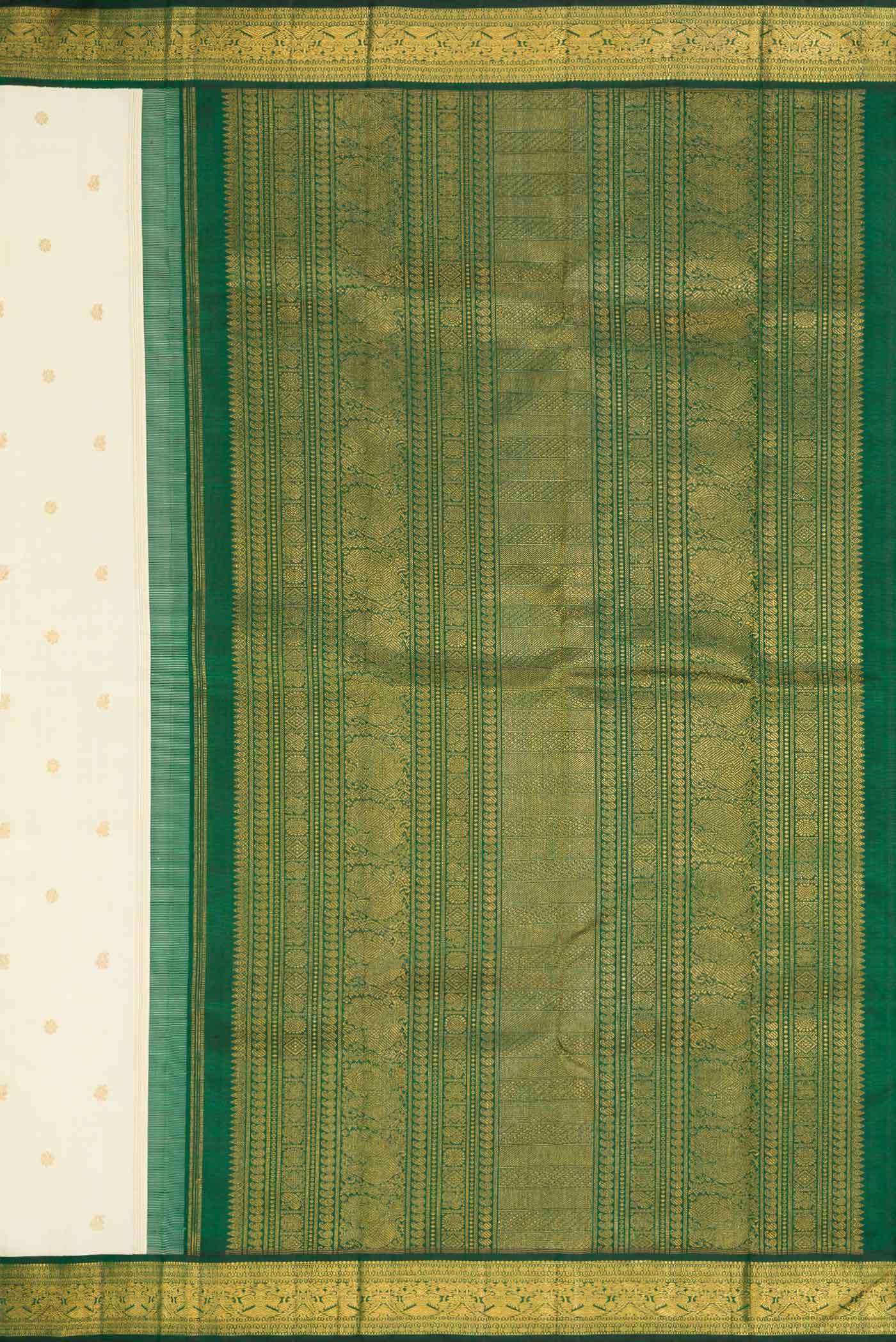 Close up image of the pallu of Sandal Dual Tone Kanchipuram Silk Saree with Zari Butta on the body and Zari Border