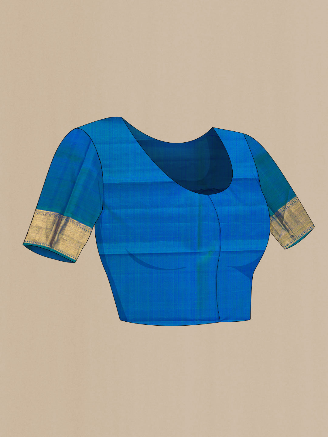 Close up image of the blouse of Pure Silk Pure Zari Royal Blue Dual Tone Kanchipuram Saree with Stripes on the body and Zari Border