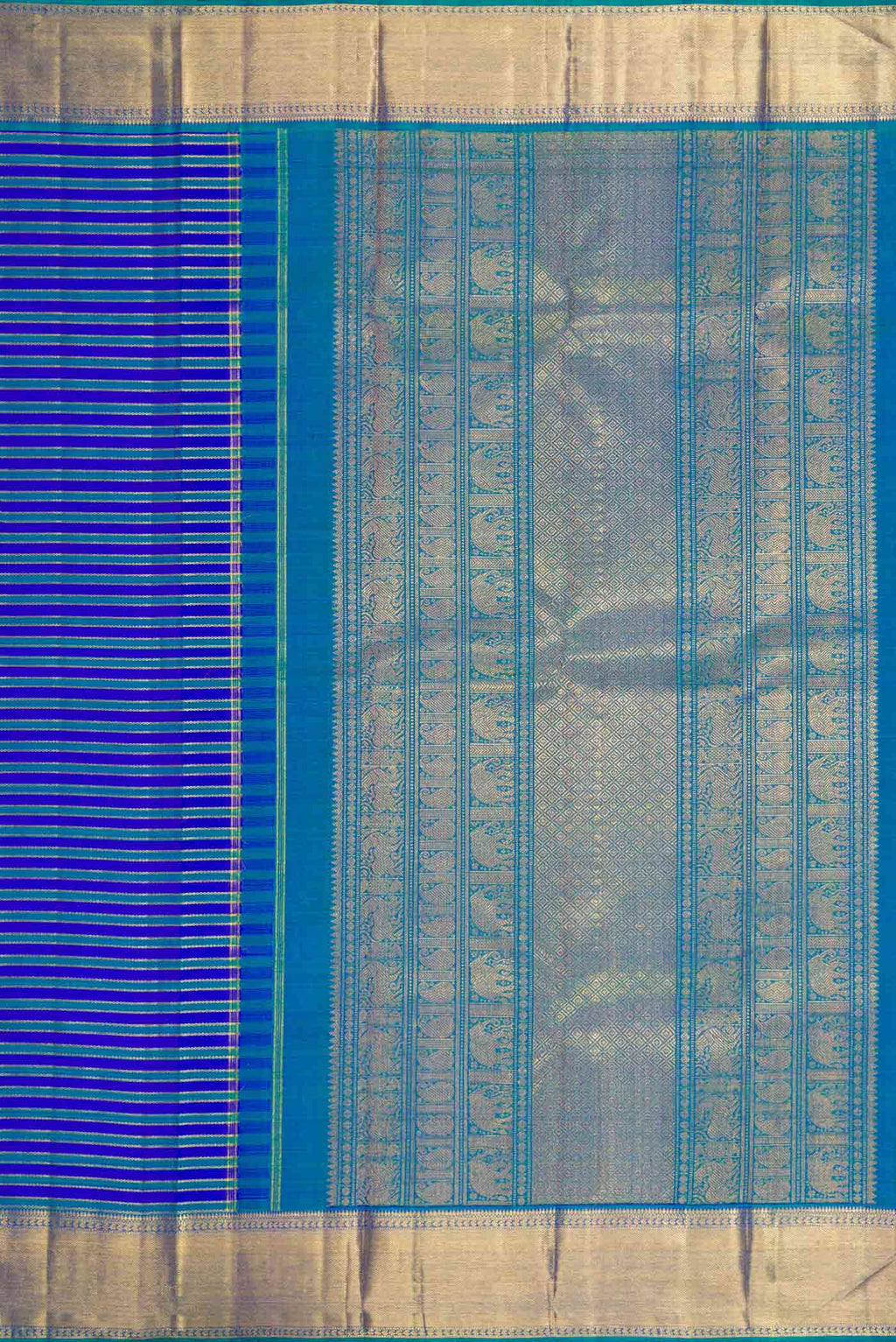 Close up image of the pallu of Pure Silk Pure Zari Royal Blue Dual Tone Kanchipuram Saree with Stripes on the body and Zari Border