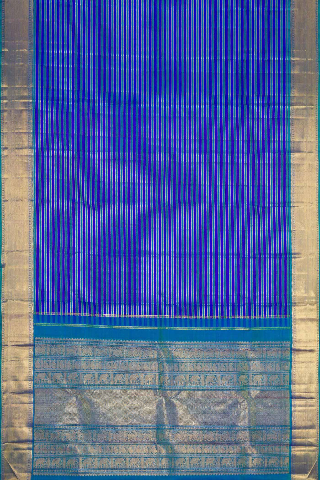 Flat view of Pure Silk Pure Zari Royal Blue Dual Tone Kanchipuram Saree with Stripes on the body and Zari Border