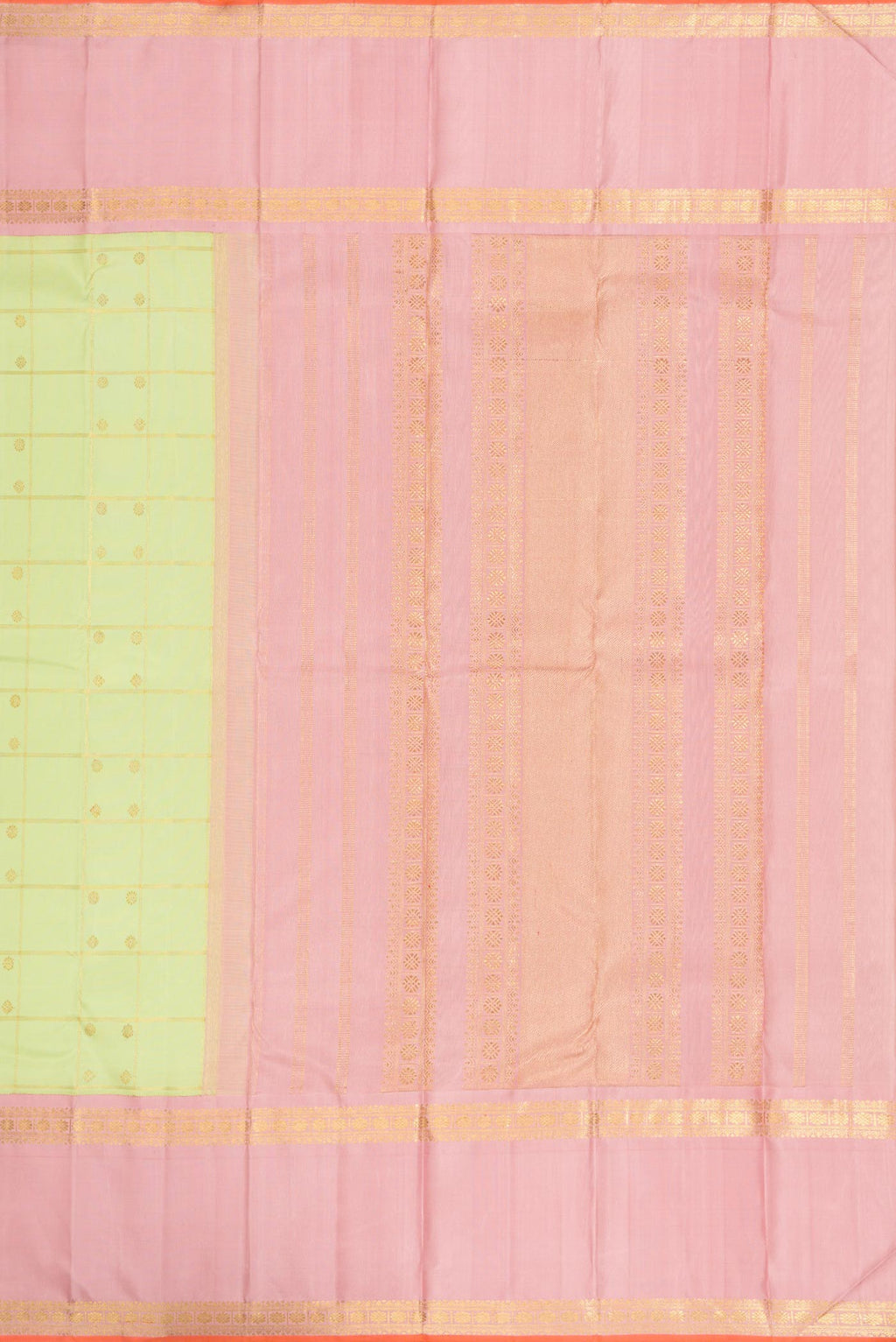 Close up image of the pallu of Pure Silk Pure Zari Parrot Green Dual Tone Kanchipuram Saree with Checked design on the body and Zari Border