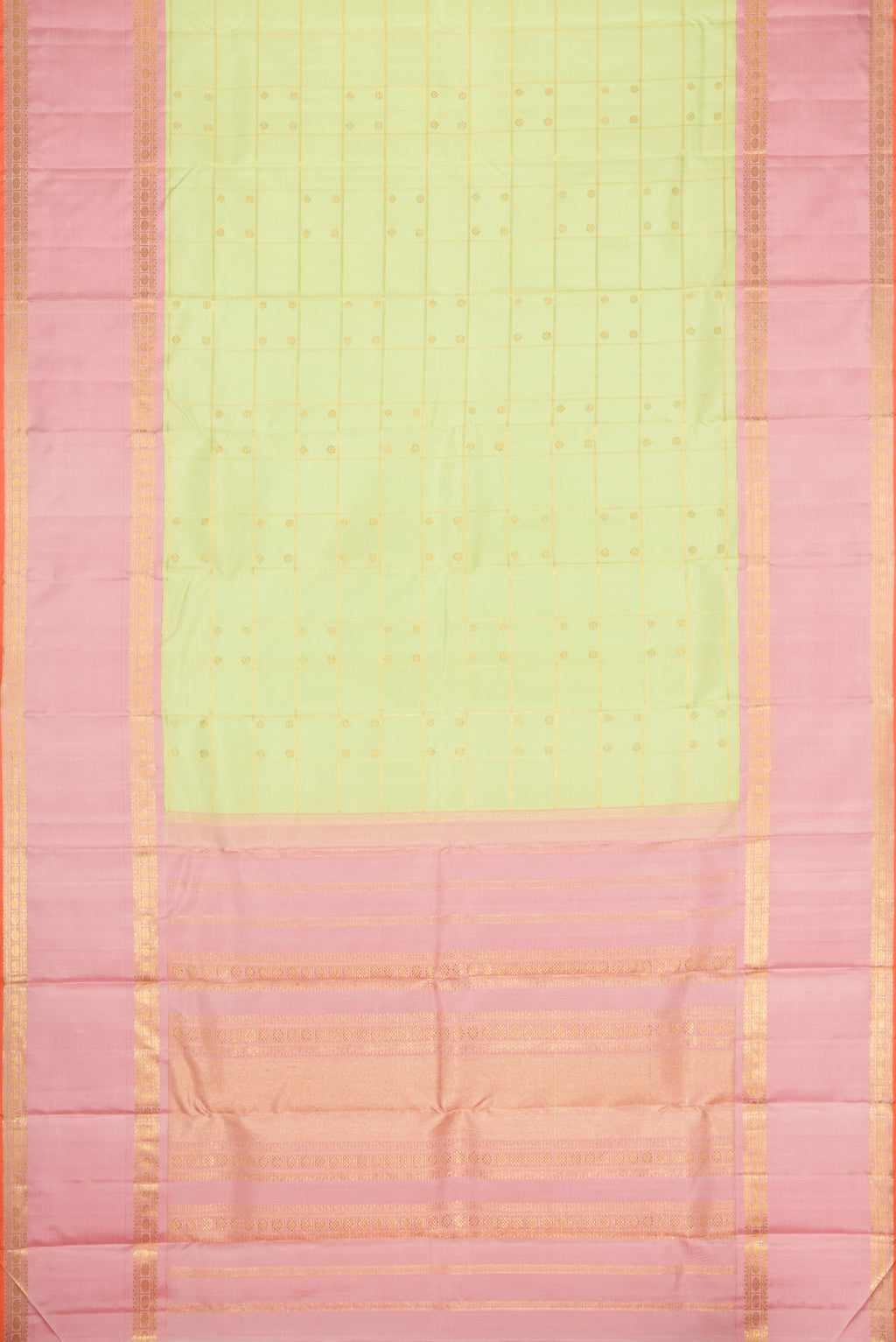 Flat view of Pure Silk Pure Zari Parrot Green Dual Tone Kanchipuram Saree with Checked design on the body and Zari Border