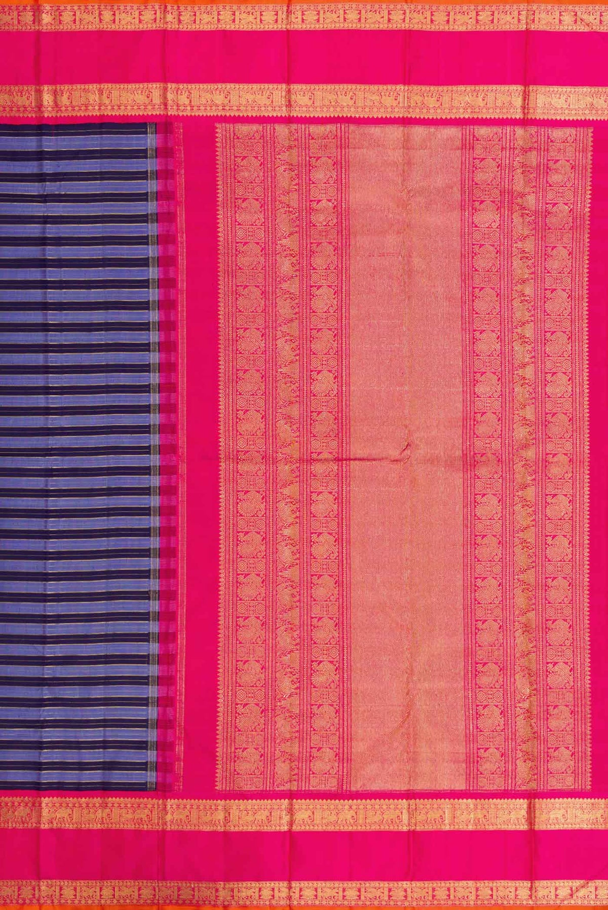 Close up image of the pallu of Pure Silk Pure Zari Blue Dual Tone Kanchipuram Saree with Stripes on the body and Zari Border