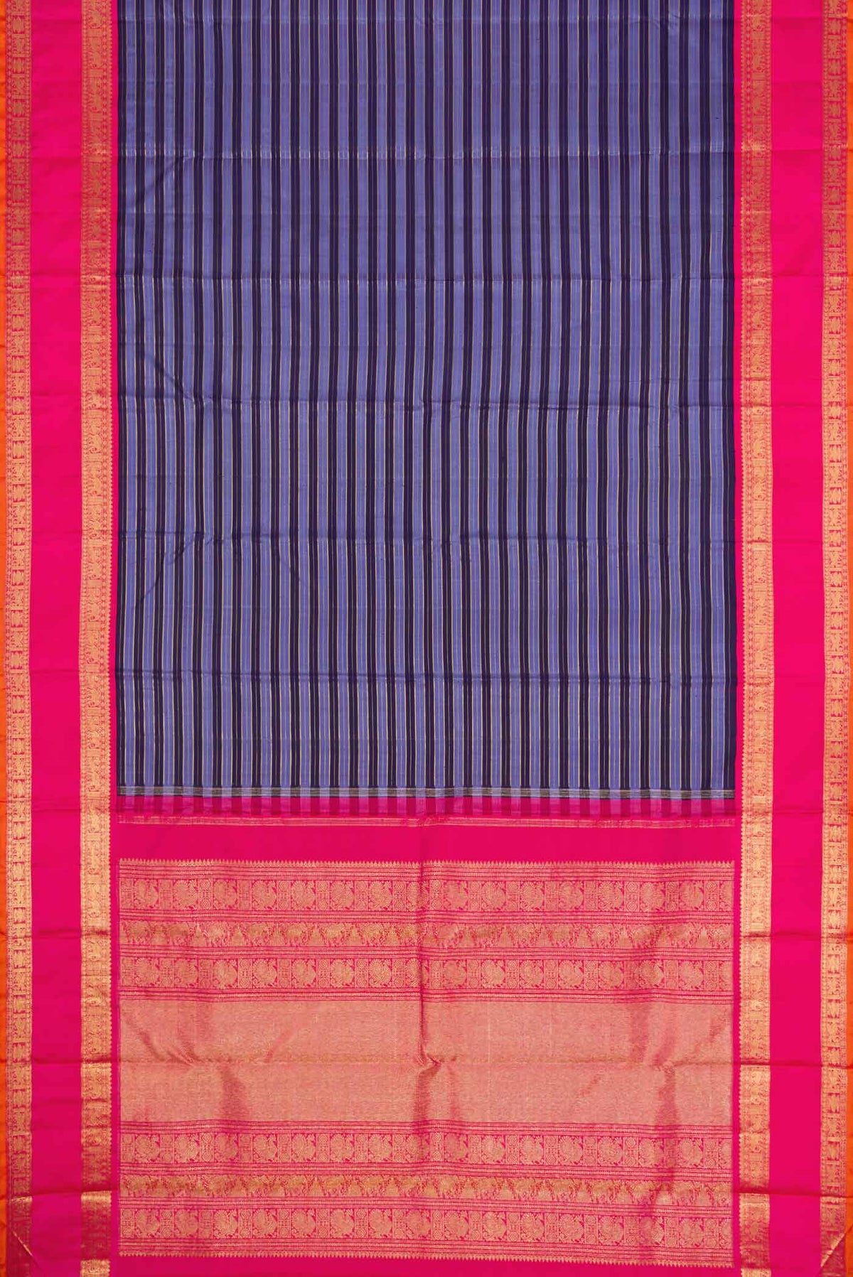 Flat view of Pure Silk Pure Zari Blue Dual Tone Kanchipuram Saree with Stripes on the body and Zari Border
