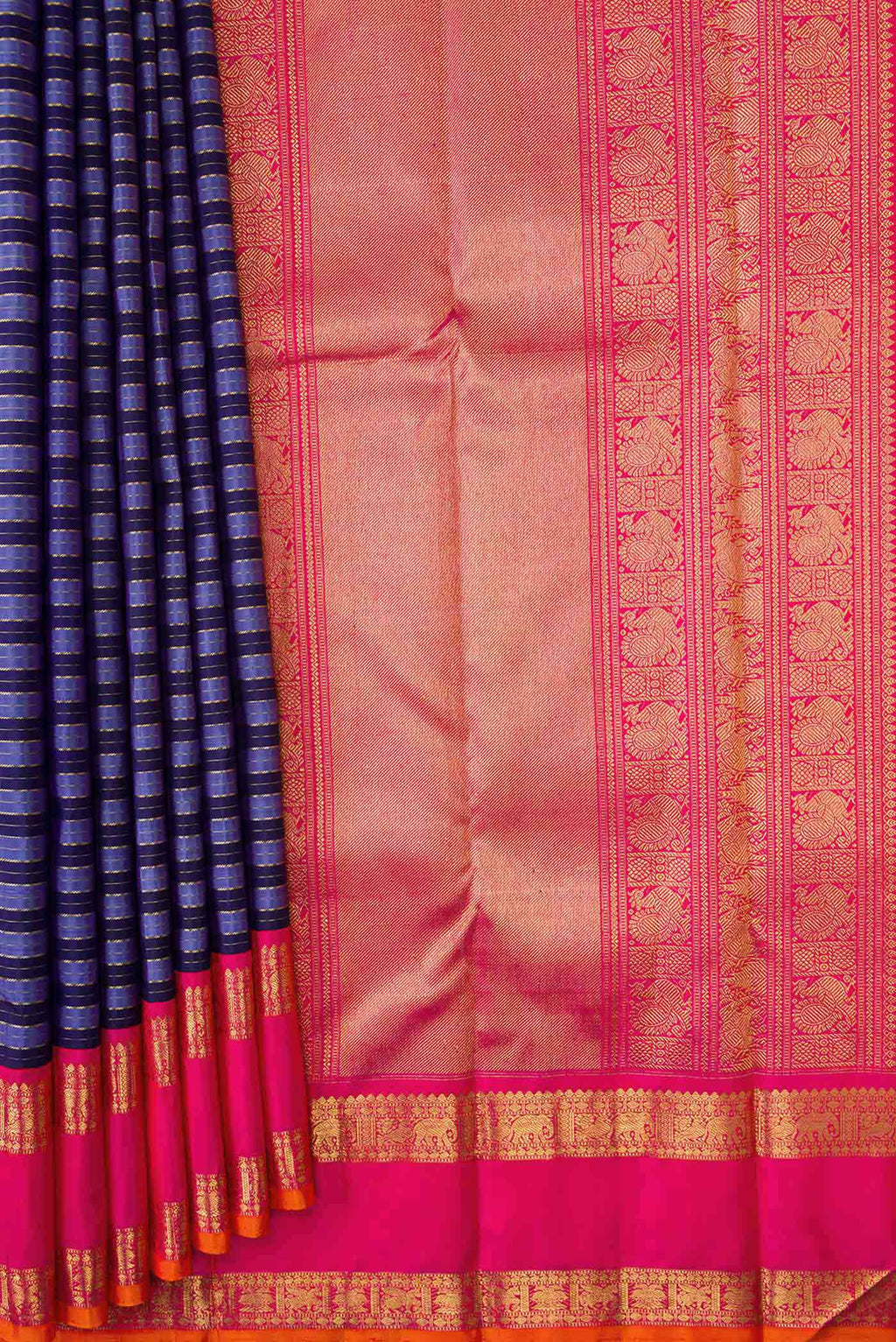 Pleats and pallu of Pure Silk Pure Zari Blue Dual Tone Kanchipuram Saree with Stripes on the body and Zari Border