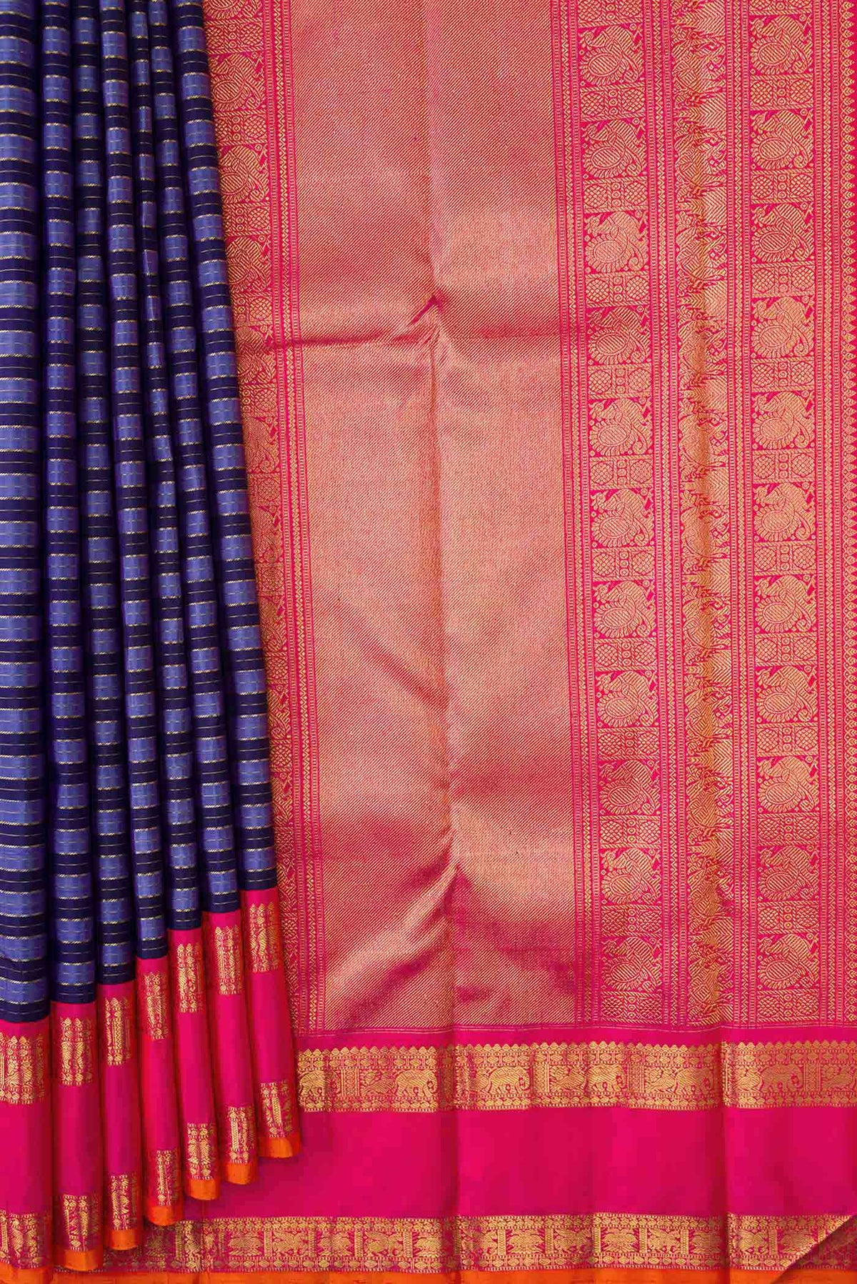 Pleats and pallu of Pure Silk Pure Zari Blue Dual Tone Kanchipuram Saree with Stripes on the body and Zari Border