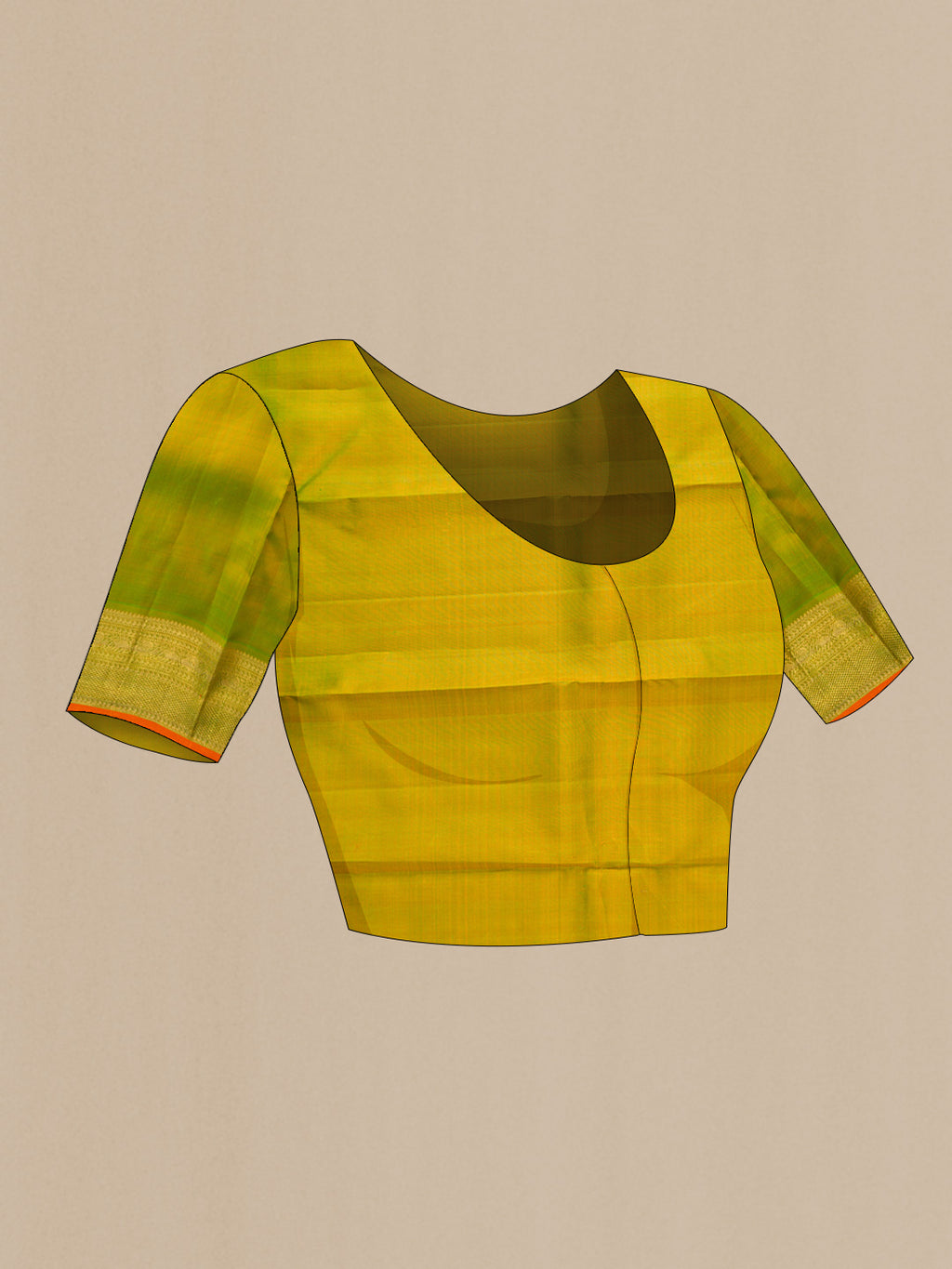 Close up image of the blouse of Pure Silk Pure Zari Sandal Dual Tone Kanchipuram Saree with Checked design on the body and Zari Border