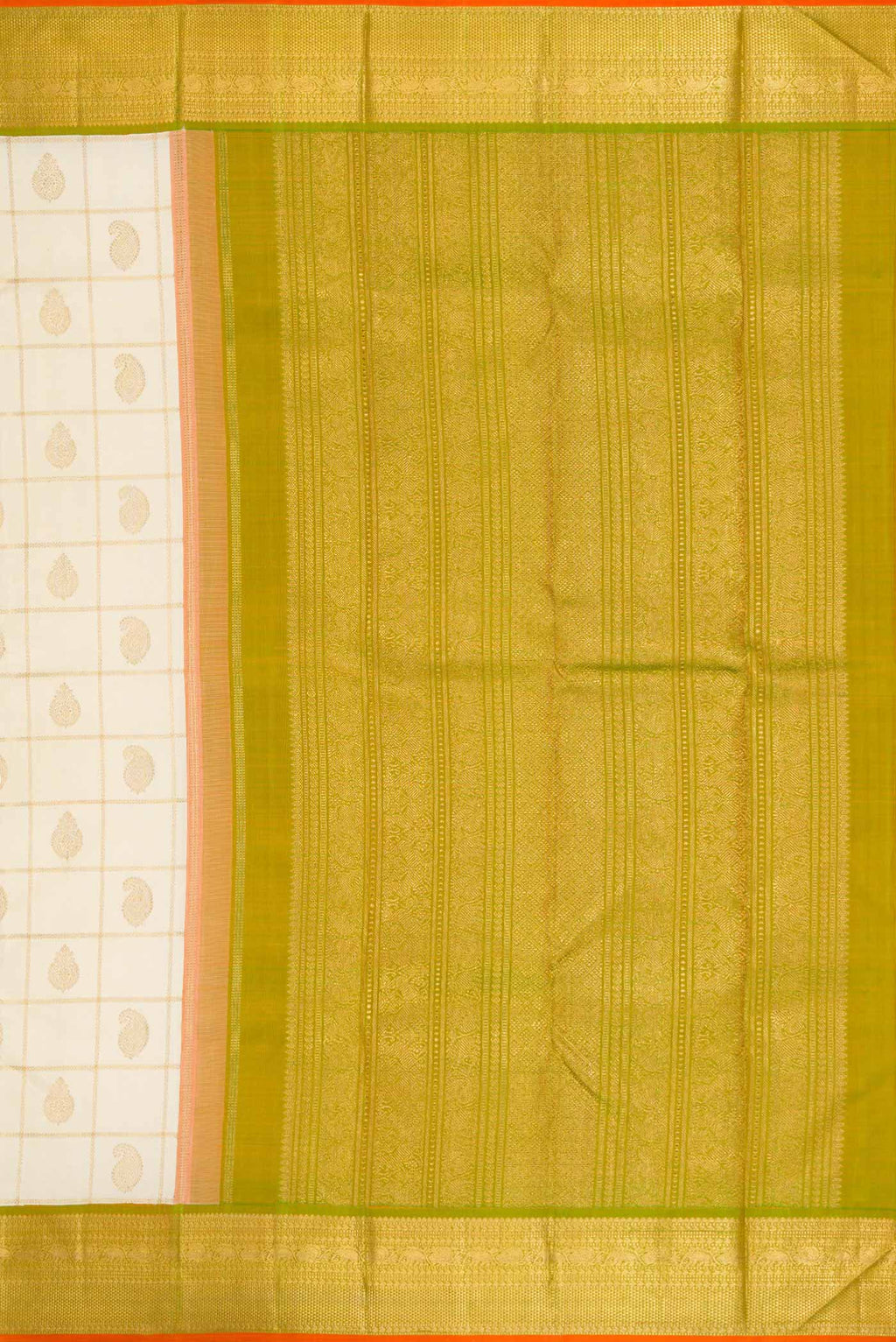 Close up image of the pallu of Pure Silk Pure Zari Sandal Dual Tone Kanchipuram Saree with Checked design on the body and Zari Border