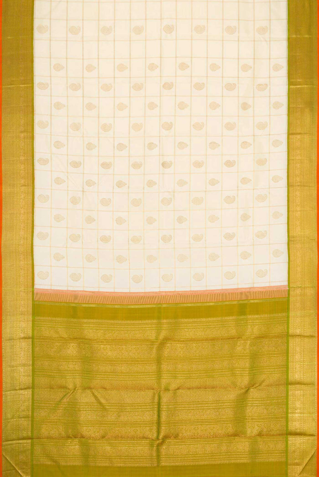 Flat view of Pure Silk Pure Zari Sandal Dual Tone Kanchipuram Saree with Checked design on the body and Zari Border