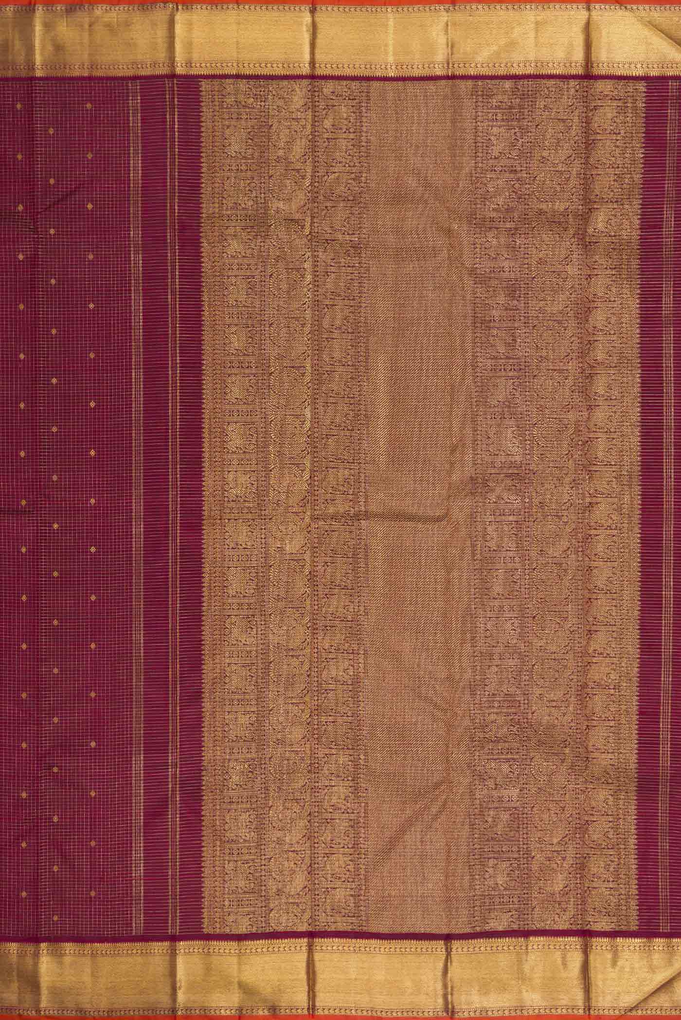 Close up image of the pallu of Pure Silk Pure Zari Maroon Dual Tone Kanchipuram Saree with Zari Butta on the body and Zari Border