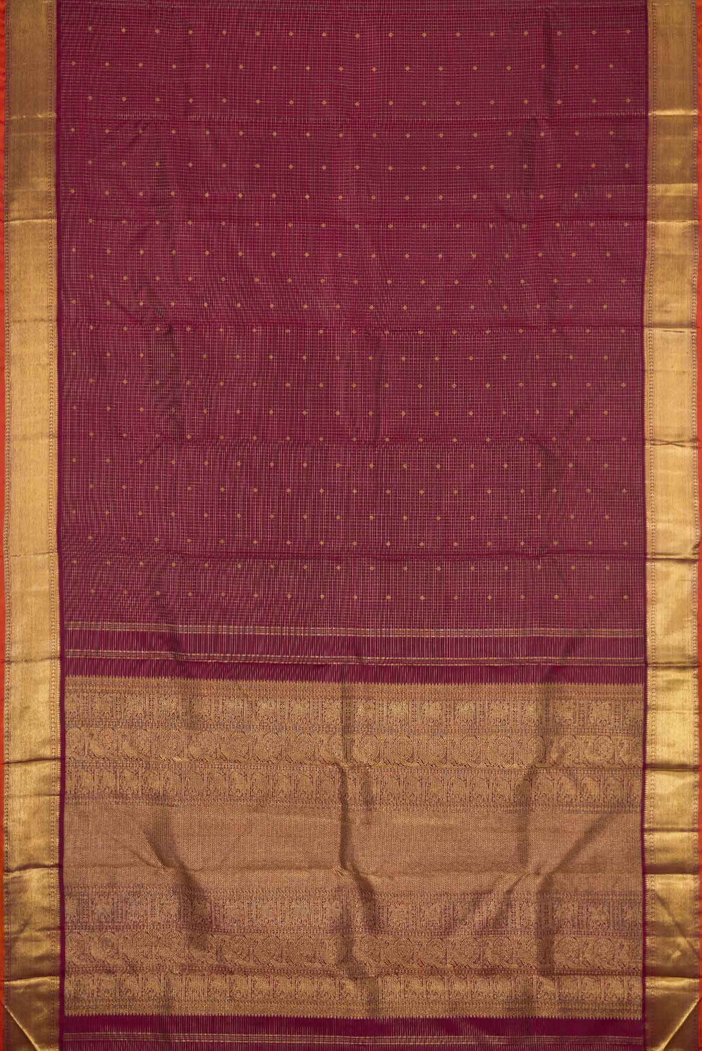 Flat view of Pure Silk Pure Zari Maroon Dual Tone Kanchipuram Saree with Zari Butta on the body and Zari Border