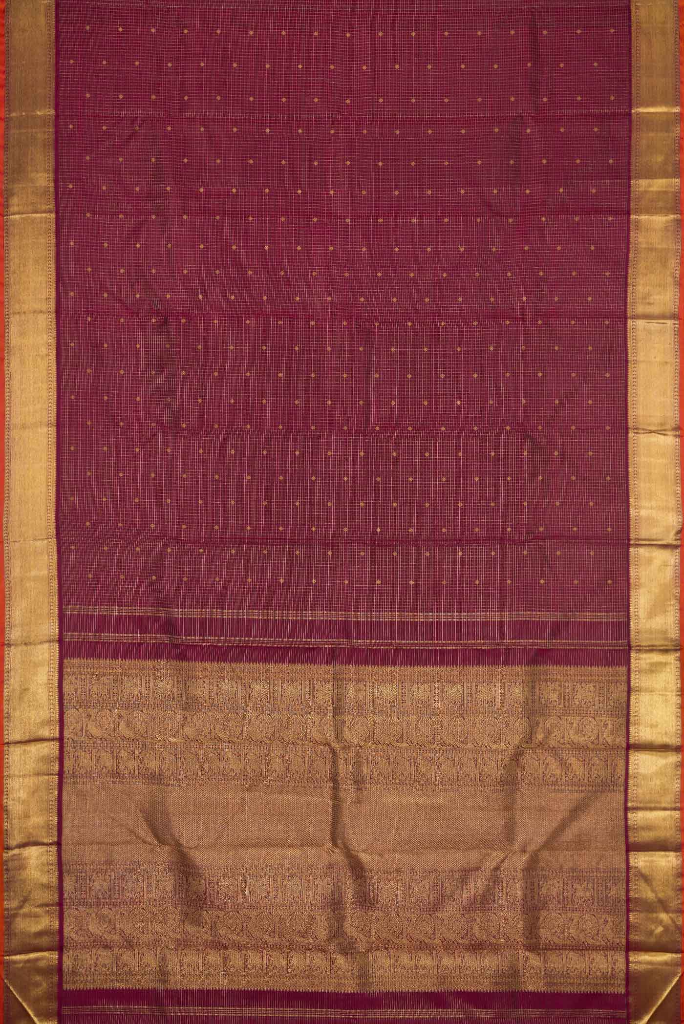Flat view of Pure Silk Pure Zari Maroon Dual Tone Kanchipuram Saree with Zari Butta on the body and Zari Border