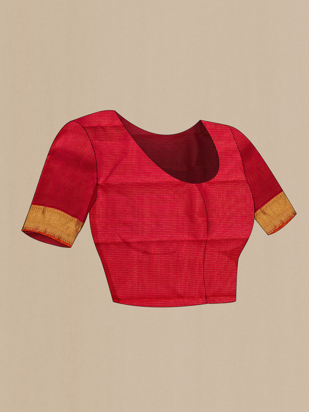 Close up image of the blouse of Pure Silk Pure Zari Maroon Dual Tone Kanchipuram Saree with Checked design on the body and Zari Border