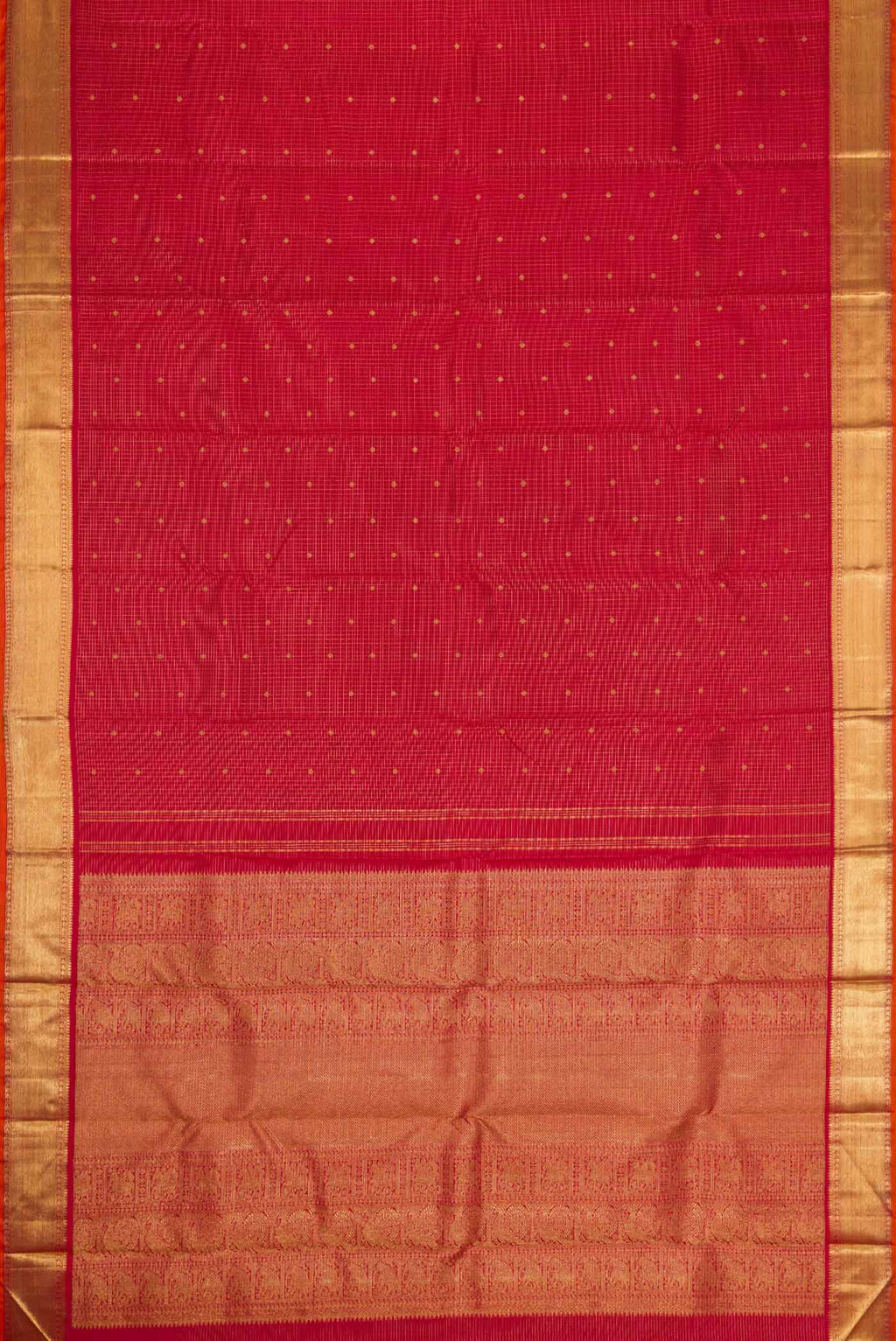 Flat view of Pure Silk Pure Zari Maroon Dual Tone Kanchipuram Saree with Checked design on the body and Zari Border