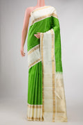 Pure Silk Pure Zari Parrot Green Dual Tone Kanchipuram Saree with Checked design on the body and Zari Border displayed on a mannequin