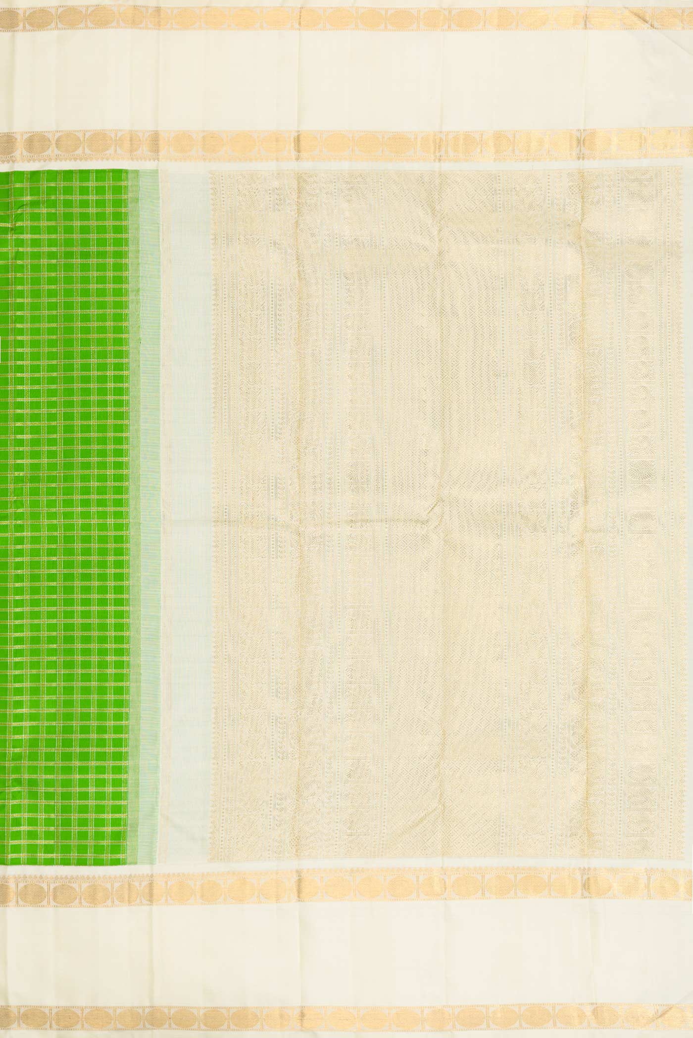 Close up image of the pallu of Pure Silk Pure Zari Parrot Green Dual Tone Kanchipuram Saree with Checked design on the body and Zari Border