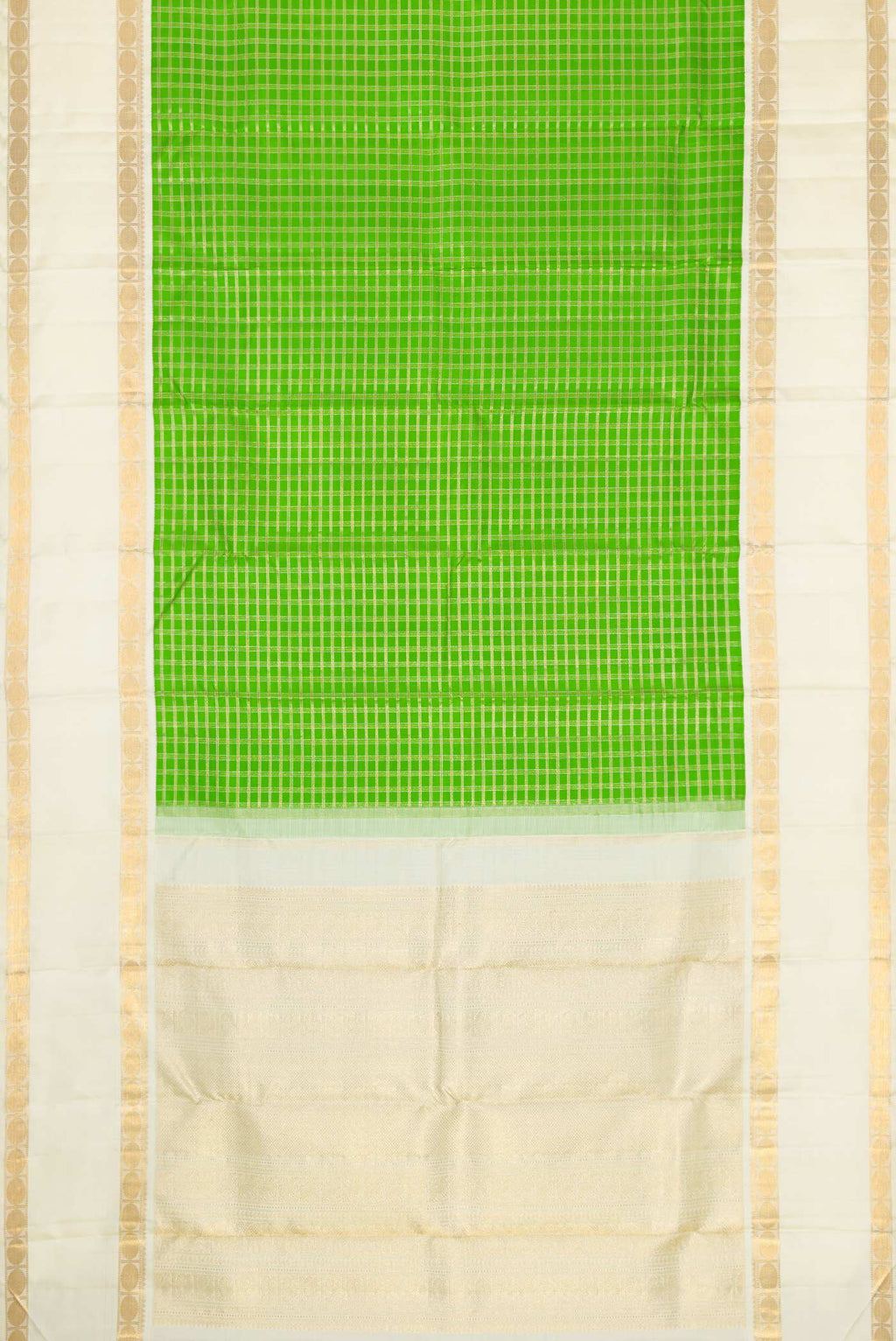 Flat view of Pure Silk Pure Zari Parrot Green Dual Tone Kanchipuram Saree with Checked design on the body and Zari Border