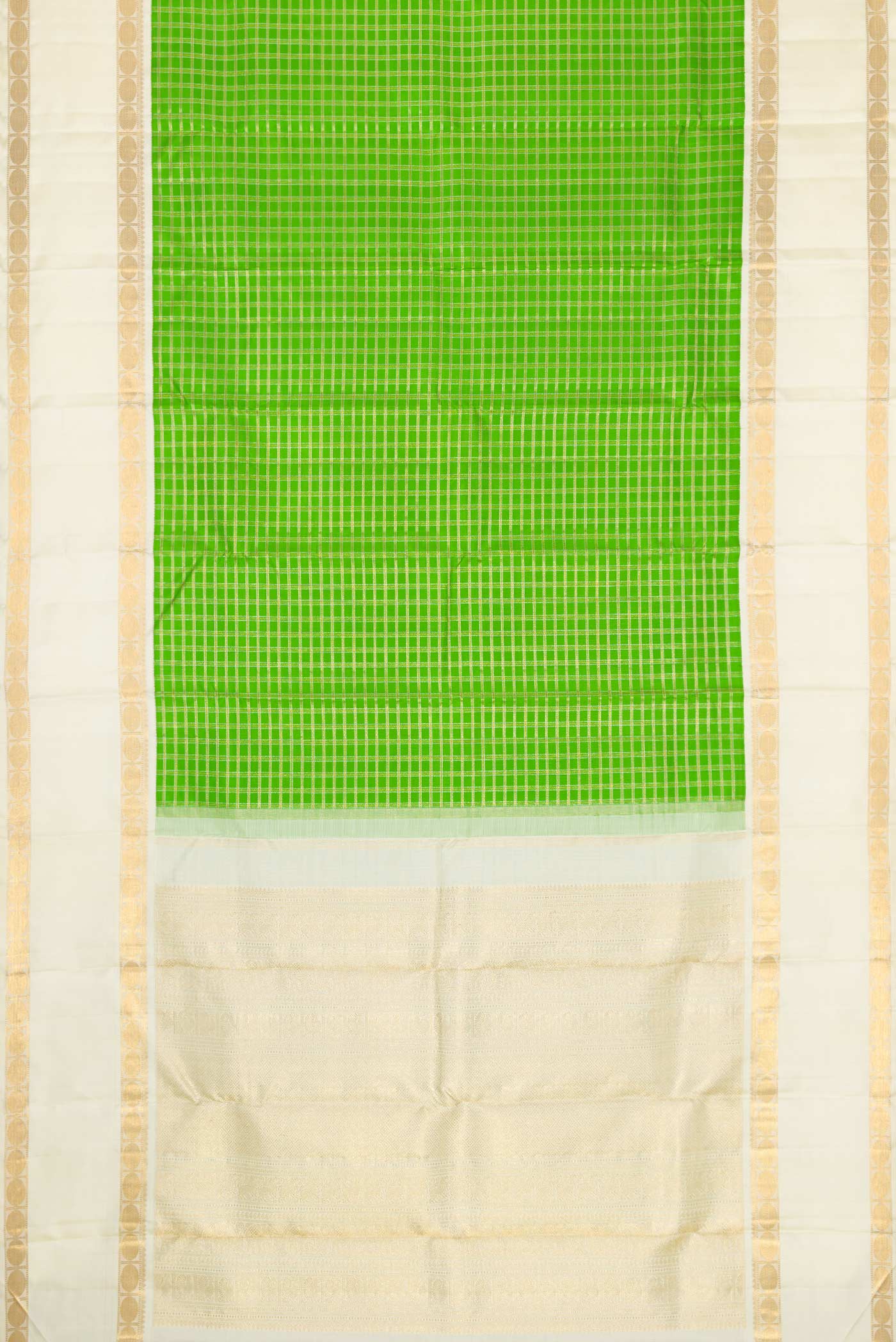 Flat view of Pure Silk Pure Zari Parrot Green Dual Tone Kanchipuram Saree with Checked design on the body and Zari Border