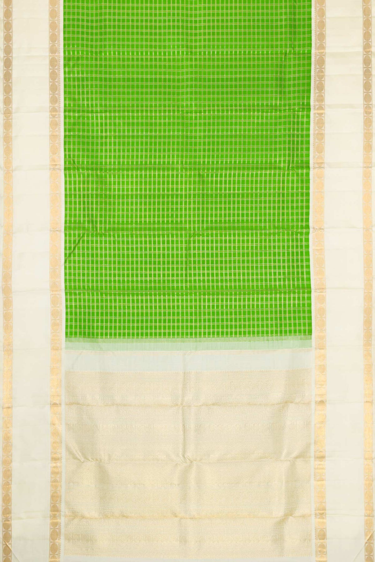 Flat view of Pure Silk Pure Zari Parrot Green Dual Tone Kanchipuram Saree with Checked design on the body and Zari Border