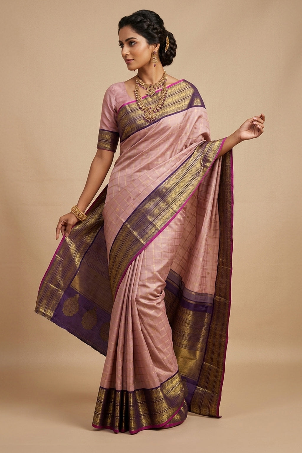 Model wearing a Pure Silk Pure Zari Rose Gold Dual Tone Kanchipuram Saree with Checked design on the body and Zari Border.