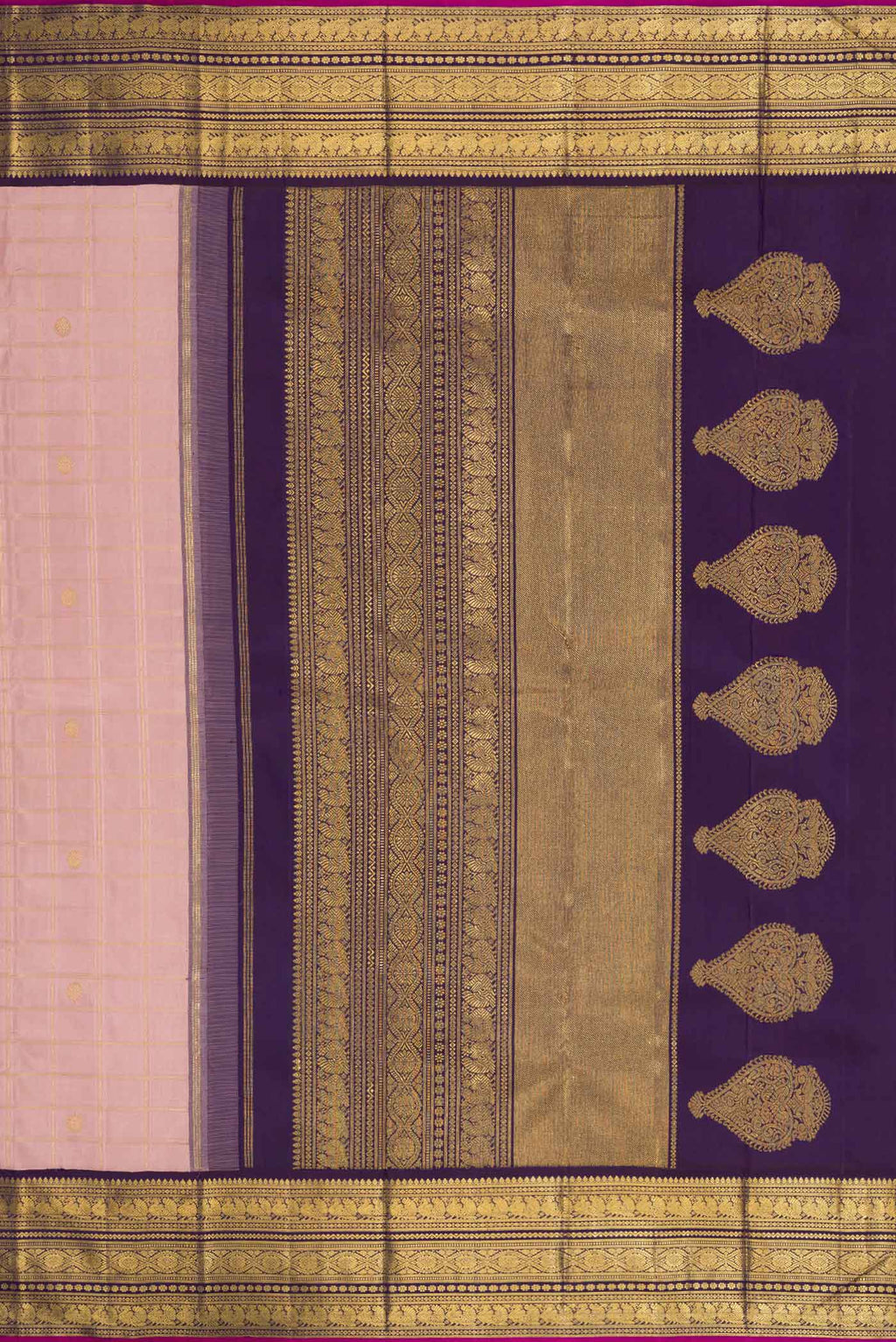 Close up image of the pallu of Pure Silk Pure Zari Rose Gold Dual Tone Kanchipuram Saree with Checked design on the body and Zari Border