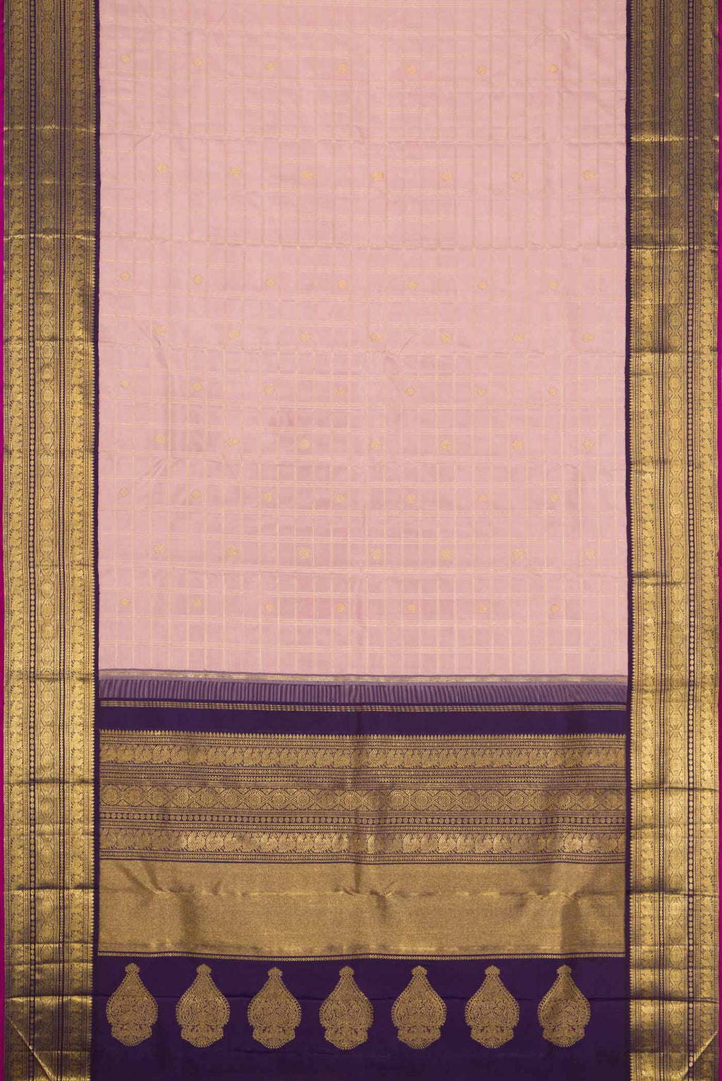 Flat view of Pure Silk Pure Zari Rose Gold Dual Tone Kanchipuram Saree with Checked design on the body and Zari Border