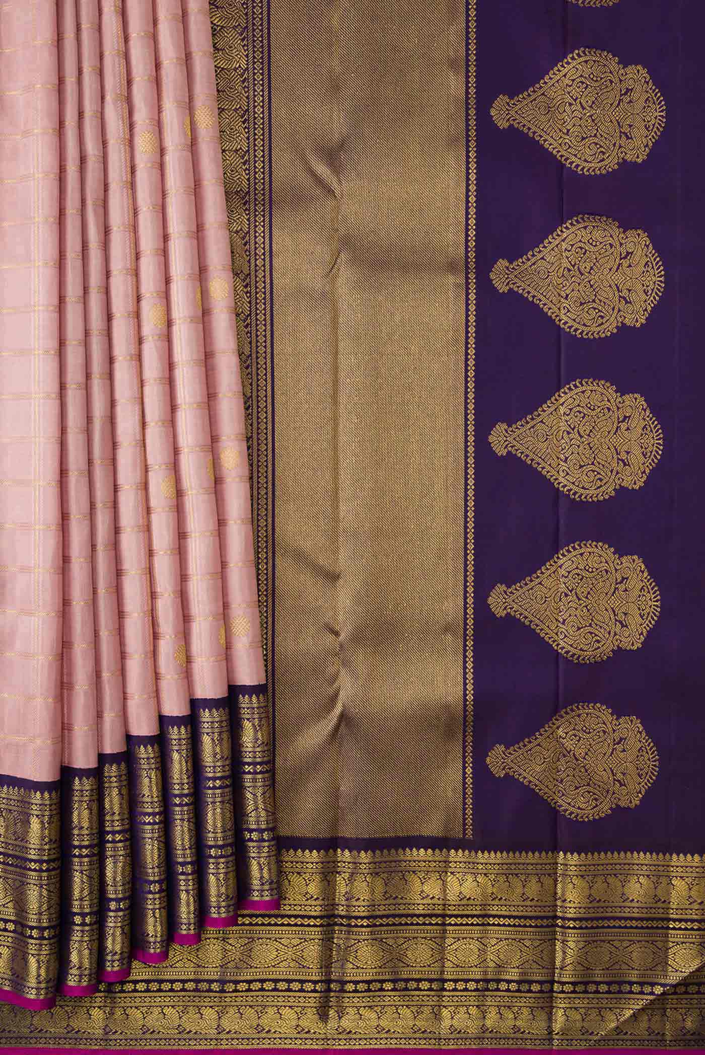 Pleats and pallu of Pure Silk Pure Zari Rose Gold Dual Tone Kanchipuram Saree with Checked design on the body and Zari Border