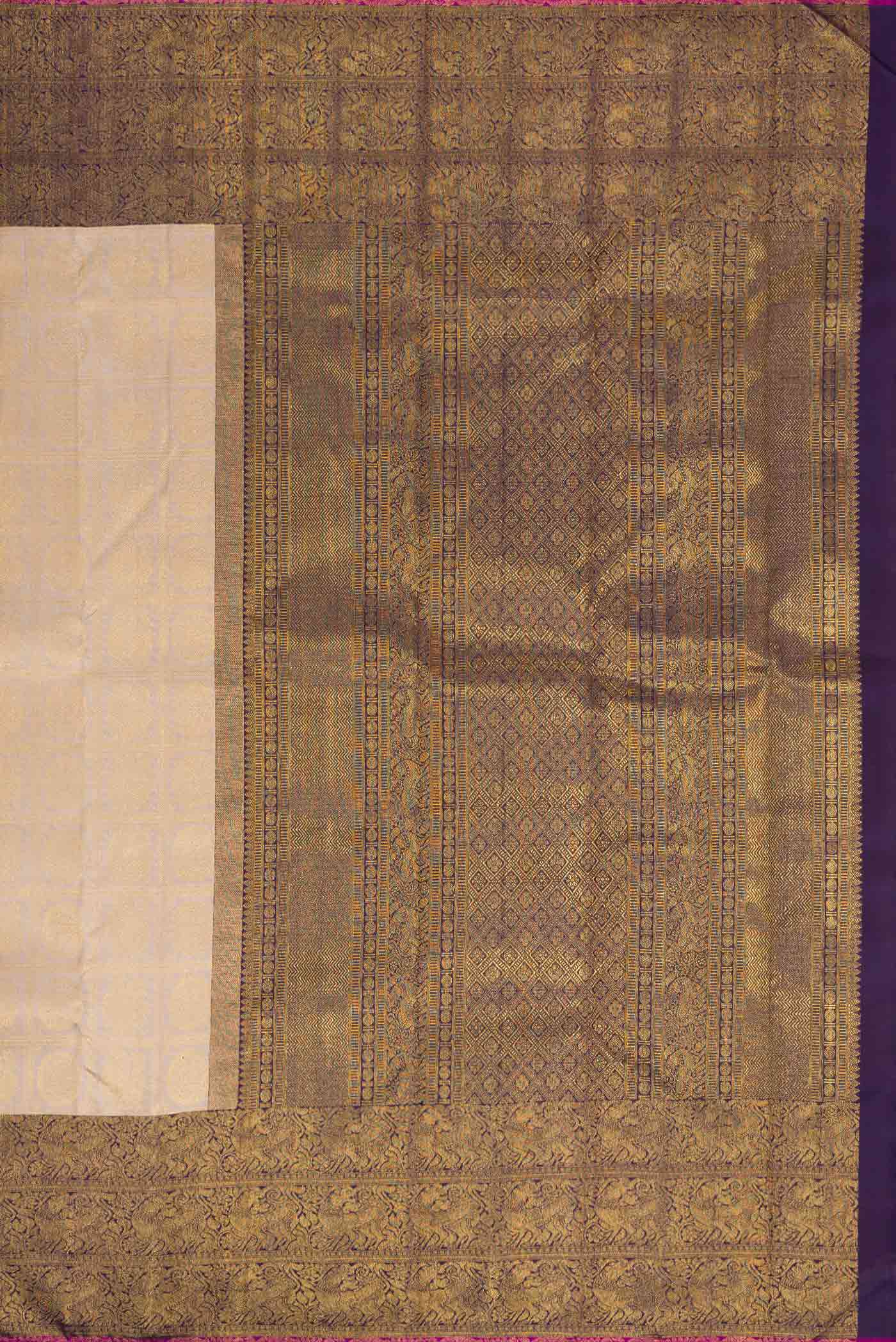 Close up image of the pallu of Pure Silk Pure Zari Beige Dual Tone Kanchipuram Saree with Zari Brocade on the body and Zari Border