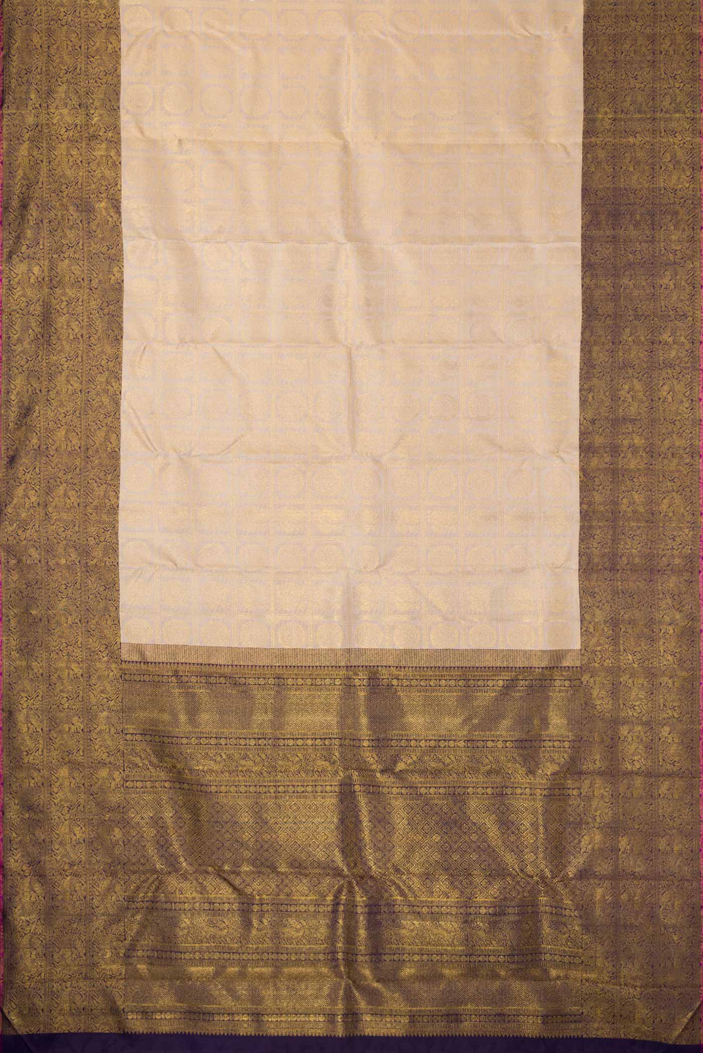 Flat view of Pure Silk Pure Zari Beige Dual Tone Kanchipuram Saree with Zari Brocade on the body and Zari Border