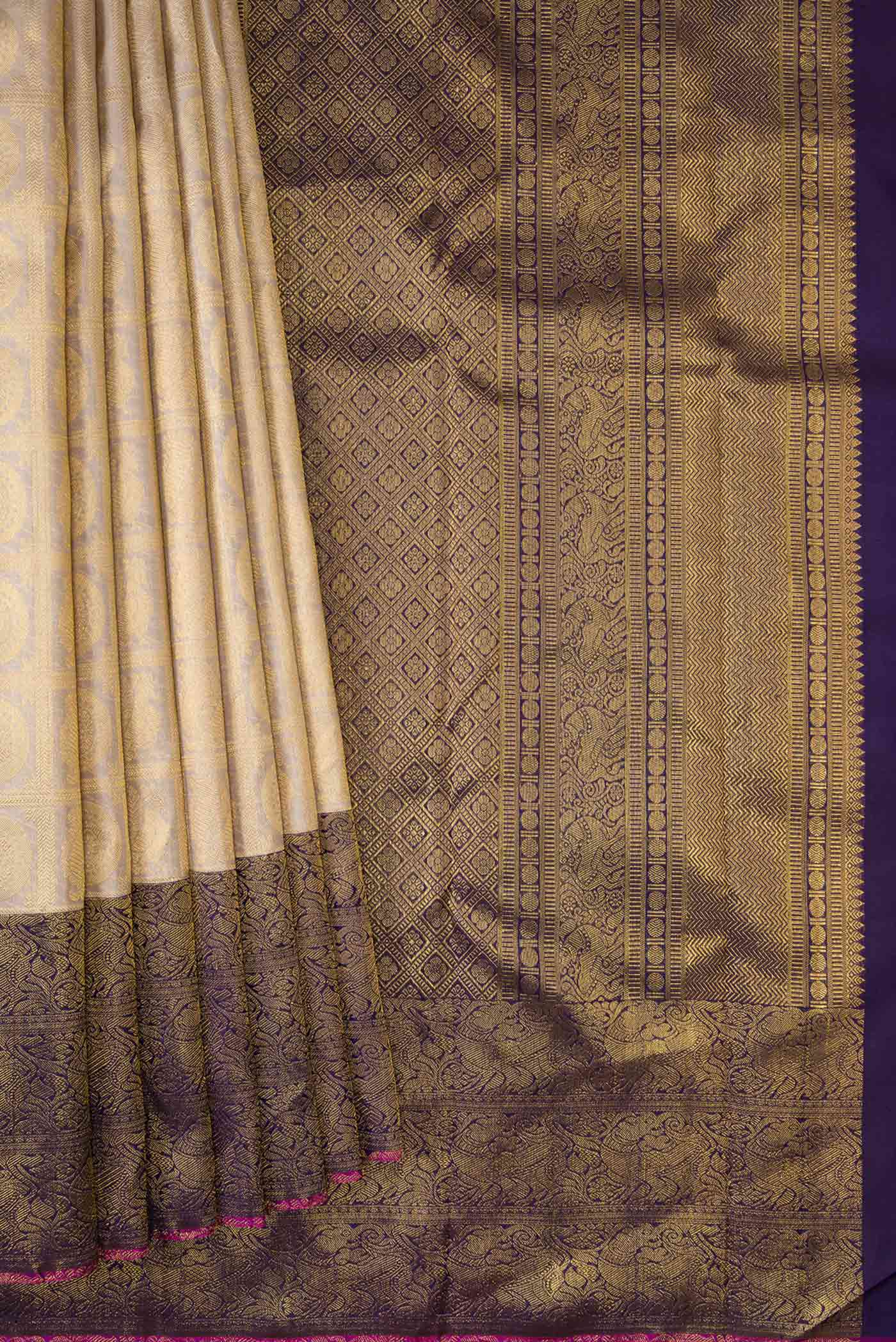 Pleats and pallu of Pure Silk Pure Zari Beige Dual Tone Kanchipuram Saree with Zari Brocade on the body and Zari Border