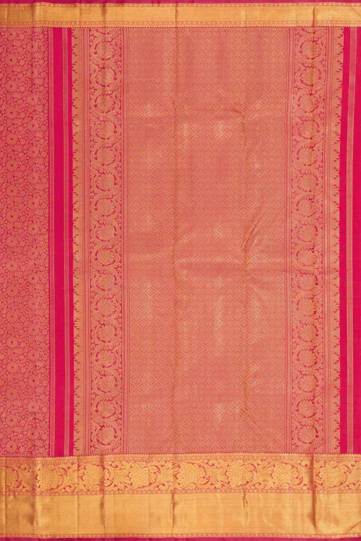 Close up image of the pallu of Pure Silk Pure Zari Pink Kanchipuram Saree with Zari Brocade on the body and Zari Border