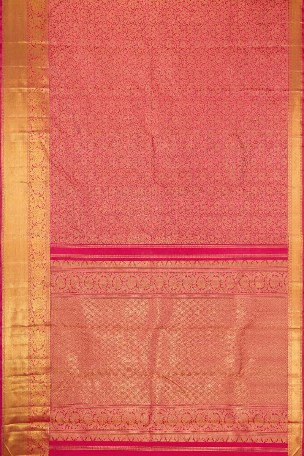 Flat view of Pure Silk Pure Zari Pink Kanchipuram Saree with Zari Brocade on the body and Zari Border