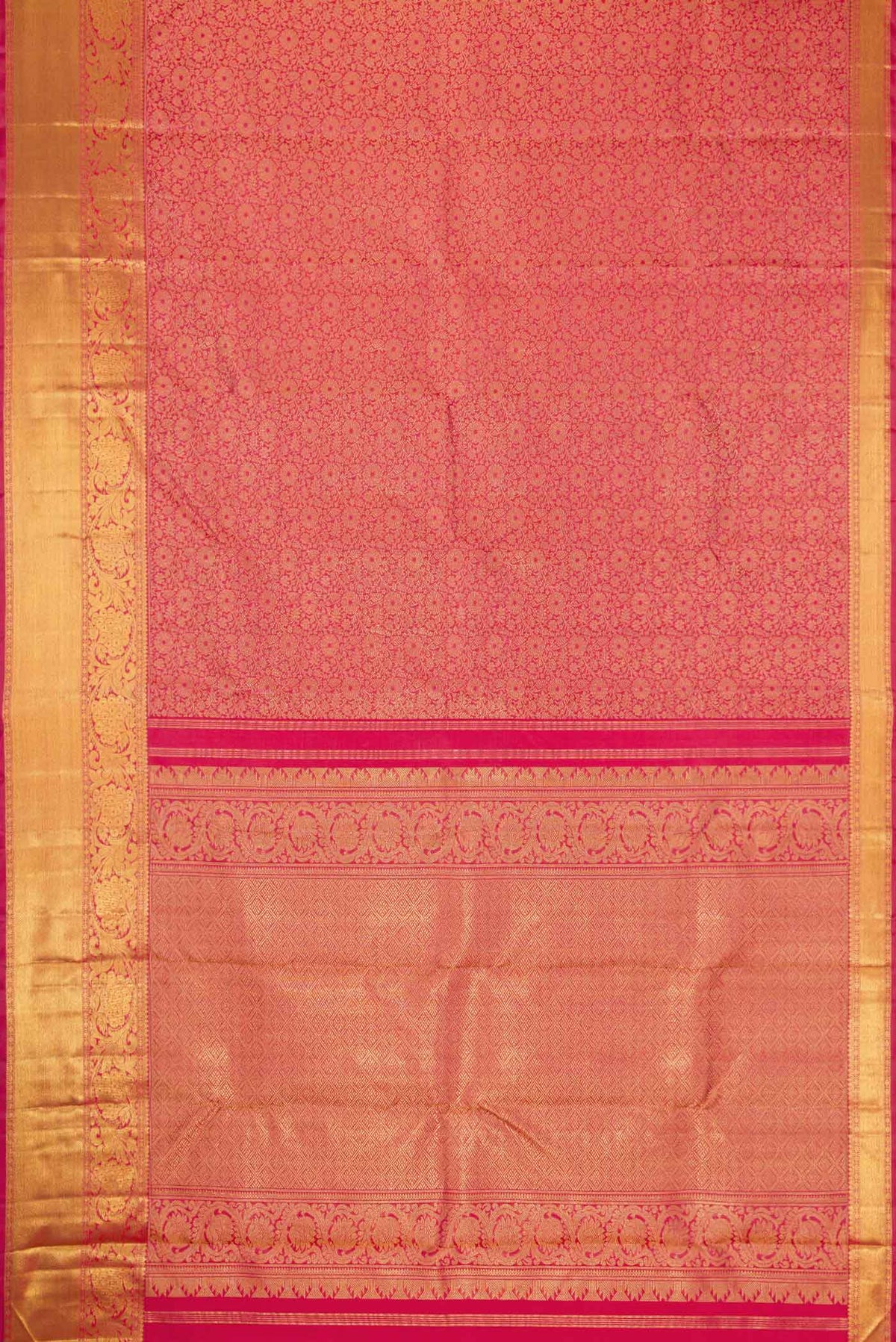 Flat view of Pure Silk Pure Zari Pink Kanchipuram Saree with Zari Brocade on the body and Zari Border