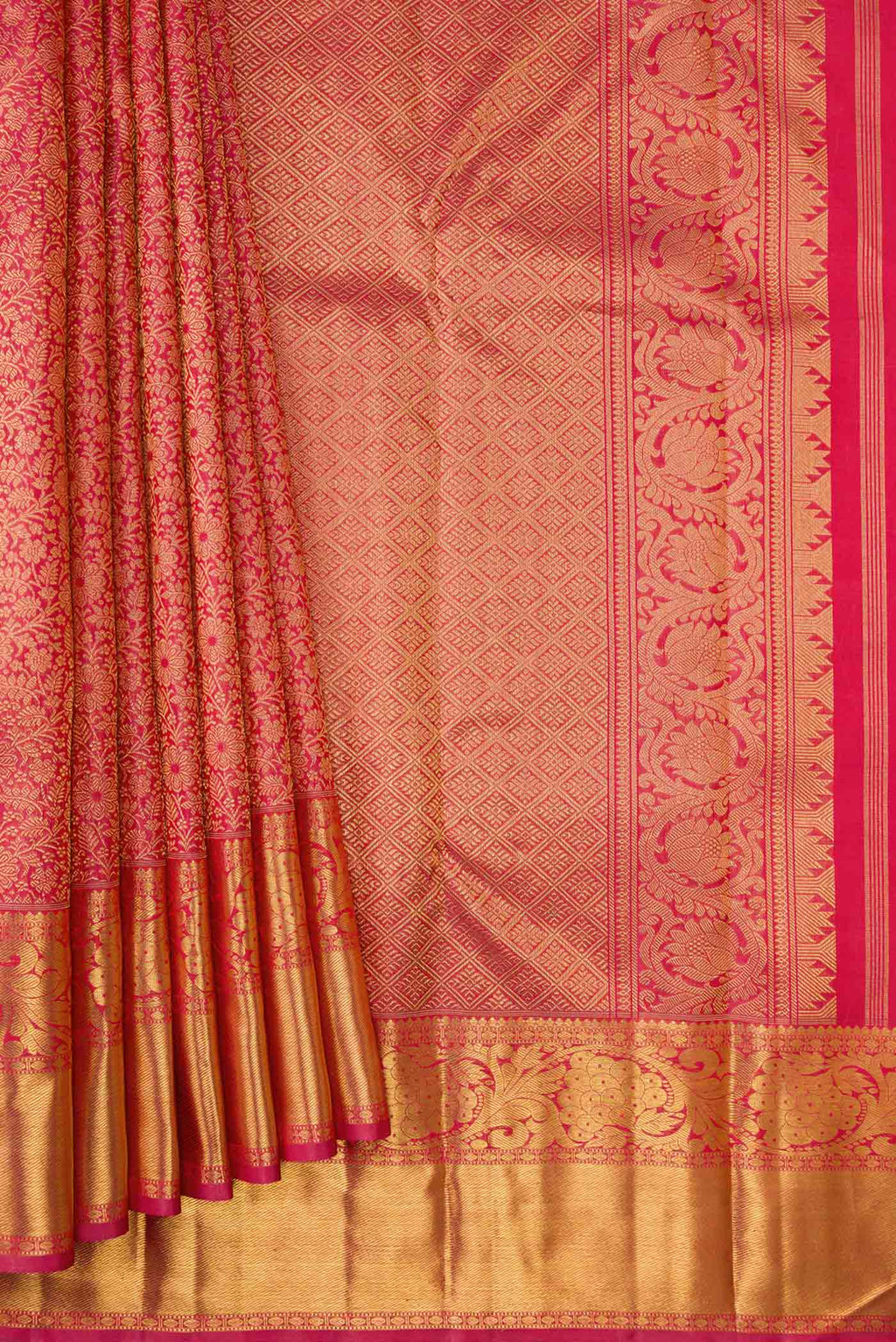 Pleats and pallu of Pure Silk Pure Zari Pink Kanchipuram Saree with Zari Brocade on the body and Zari Border