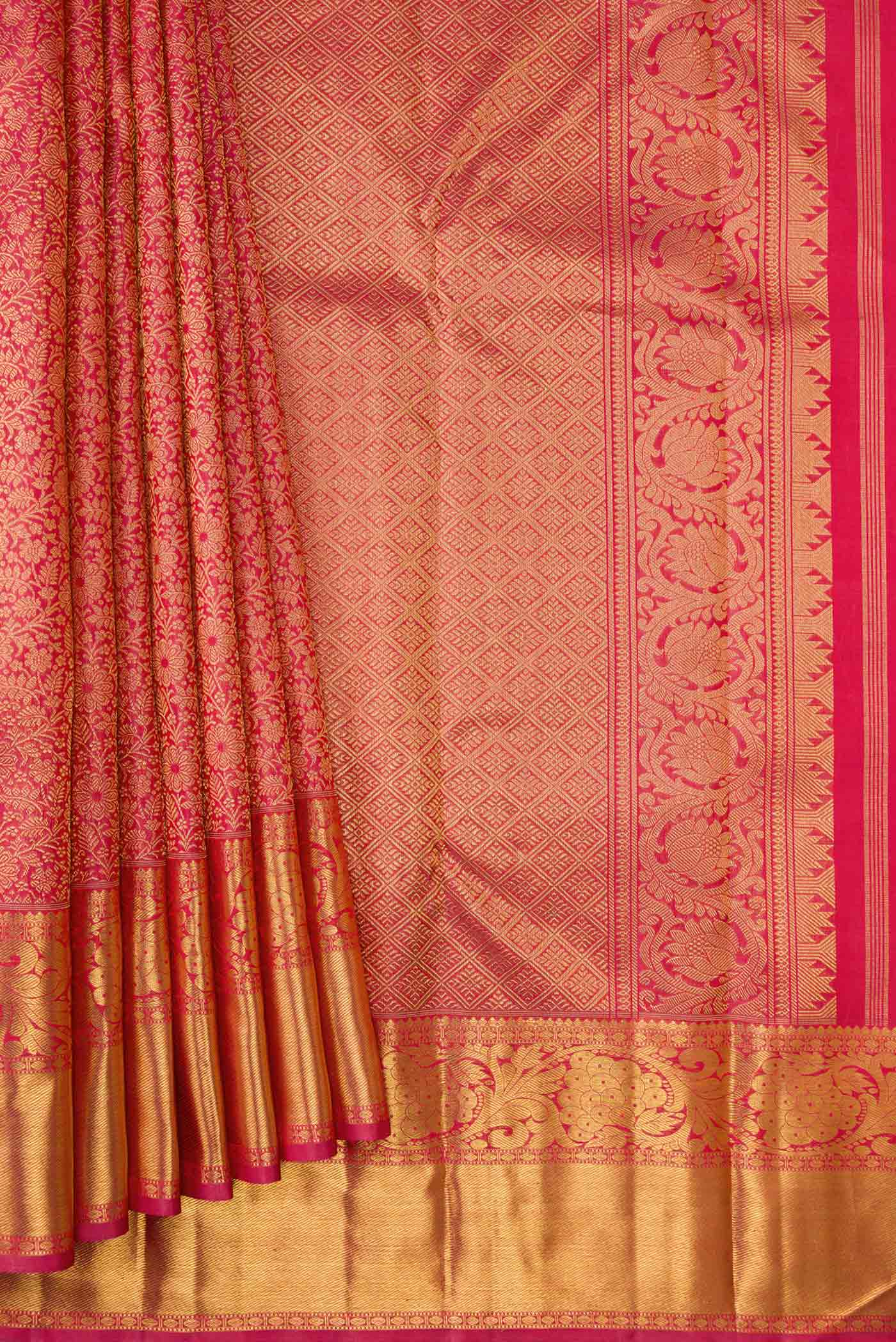 Pleats and pallu of Pure Silk Pure Zari Pink Kanchipuram Saree with Zari Brocade on the body and Zari Border