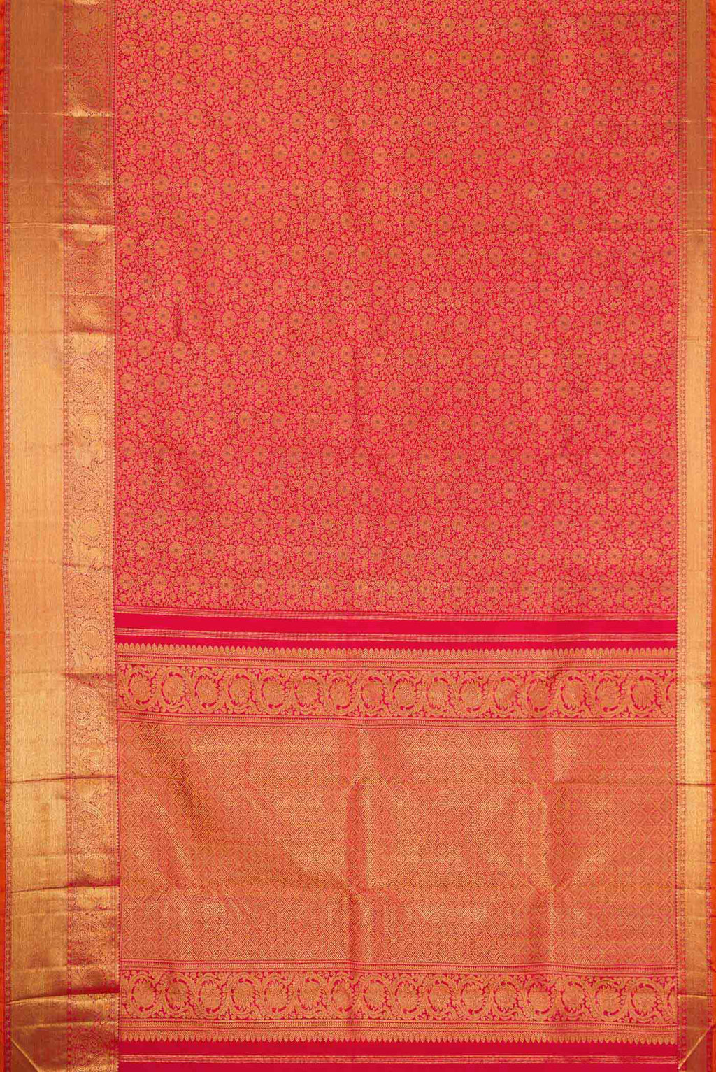 Flat view of Pure Silk Pure Zari Red Dual Tone Kanchipuram Saree with Zari Brocade on the body and Zari Border