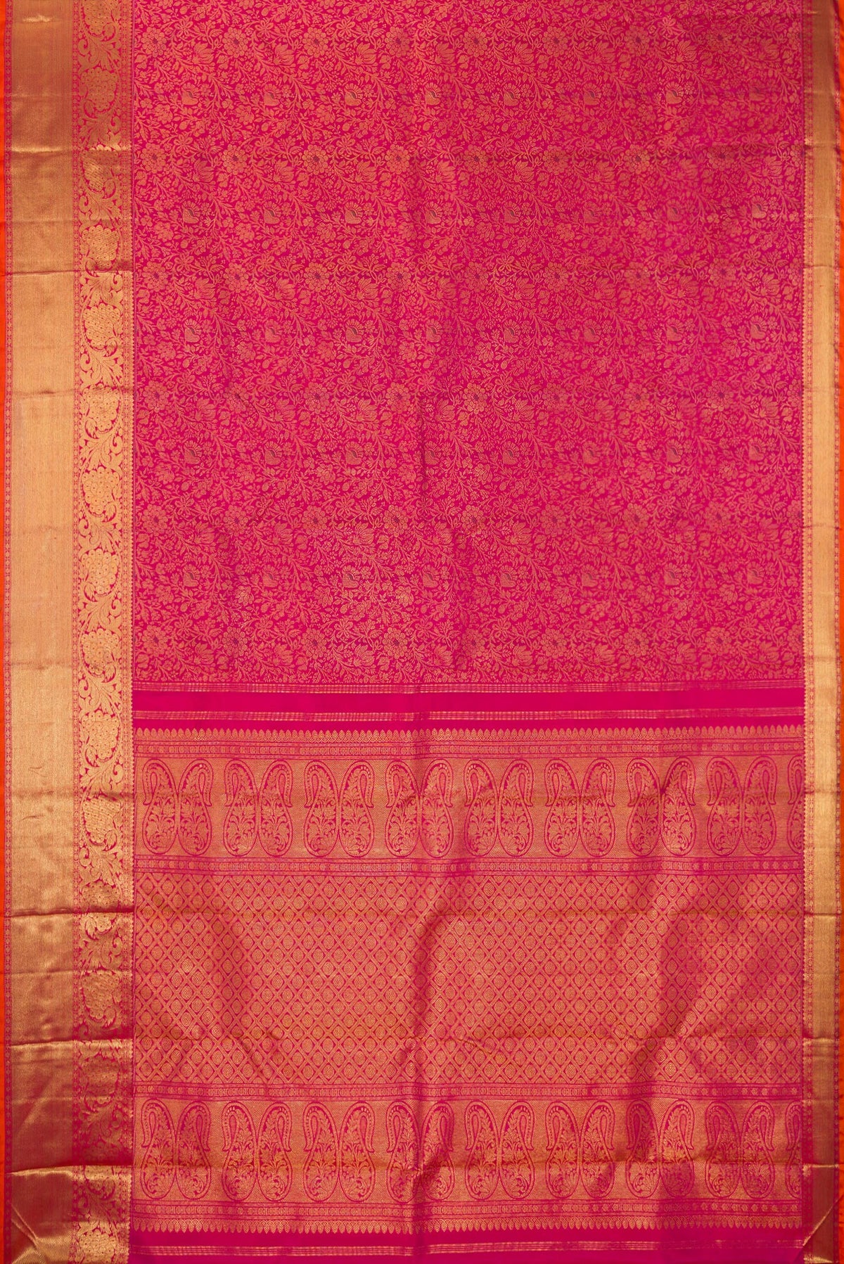 Flat view of Pure Silk Pure Zari Pink Dual Tone Kanjivaram Saree with Zari Brocade on the body and Zari Border. 