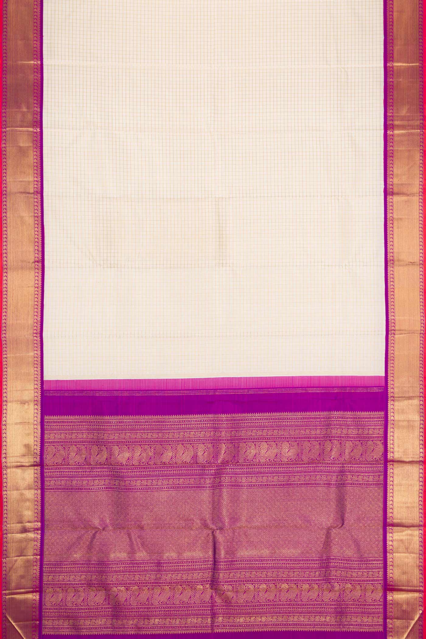 Flat view of Pure Silk Pure Zari Off White Dual Tone Kanchipuram Saree with Checked design on the body and Zari Border