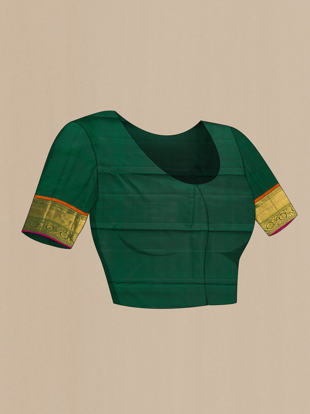 Close up image of the blouse of Pure Silk Pure Zari Sea Green Dual Tone Kanjivaram Saree with Zari Butta on the body and Zari Border. 