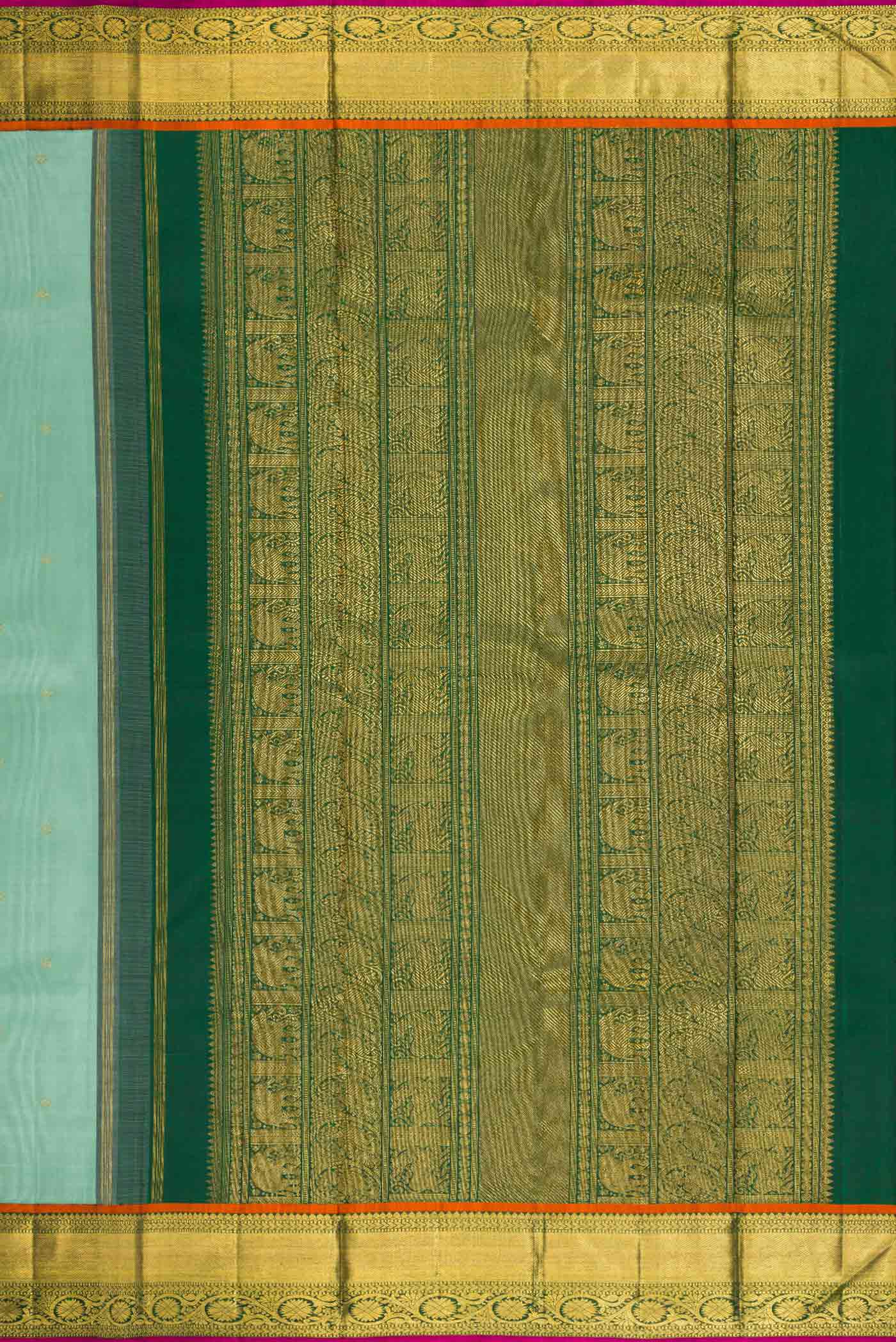 Close up image of the pallu of Pure Silk Pure Zari Sea Green Dual Tone Kanjivaram Saree with Zari Butta on the body and Zari Border. 