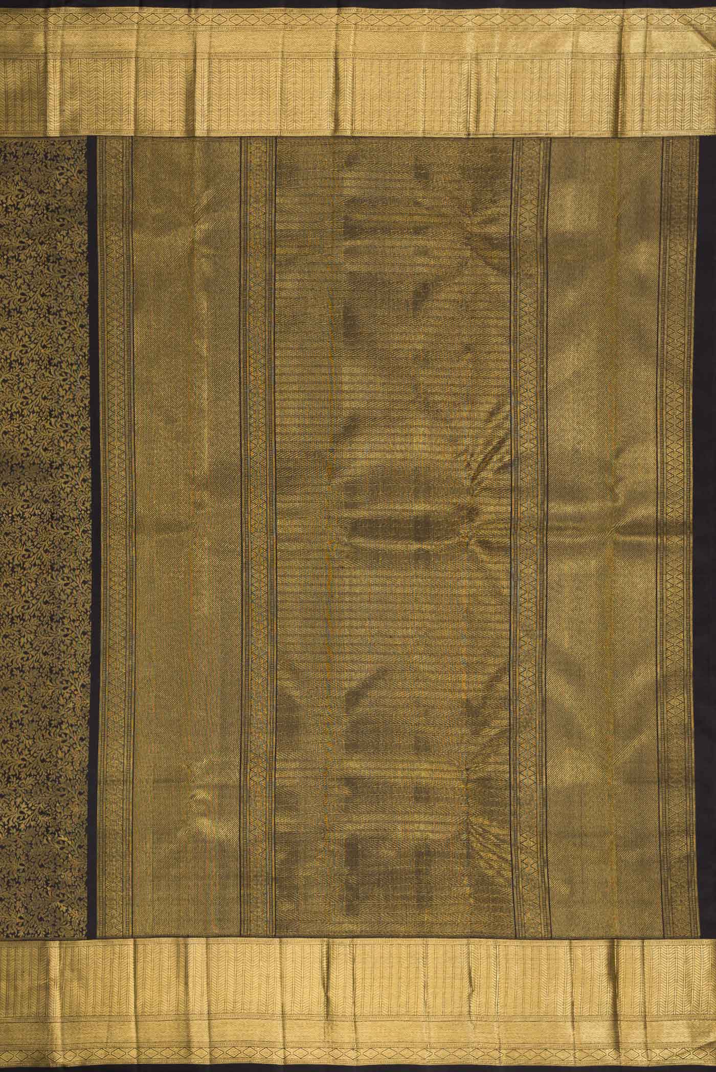 Close up image of the pallu of Pure Silk Pure Zari Black Dual Tone Kanjivaram Tissue Saree with Zari Brocade on the body and Zari Border. 